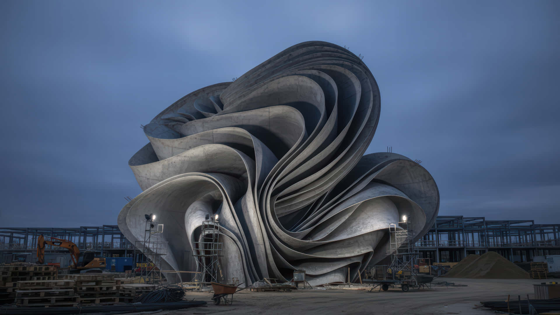 黃昏時分正在建造中的大型旋轉混凝土建築雕塑