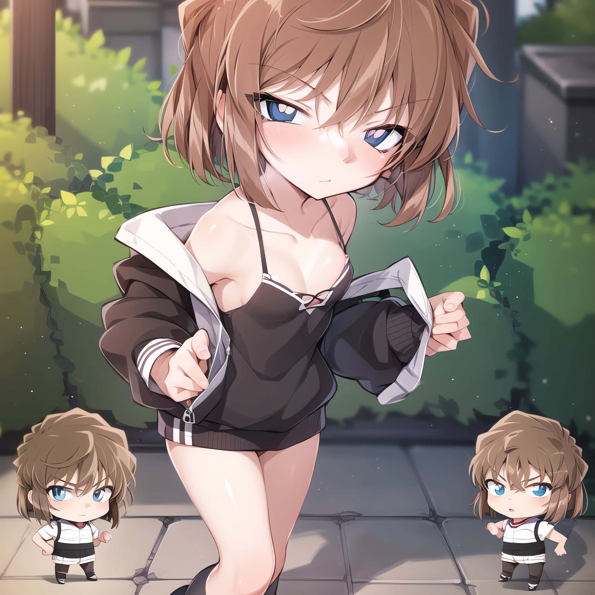 Haibara AI 桌布 壁紙 — 一個自信嘅動漫女仔著住校服外套企喺戶外，附近有兩個細細嘅Q版自己。