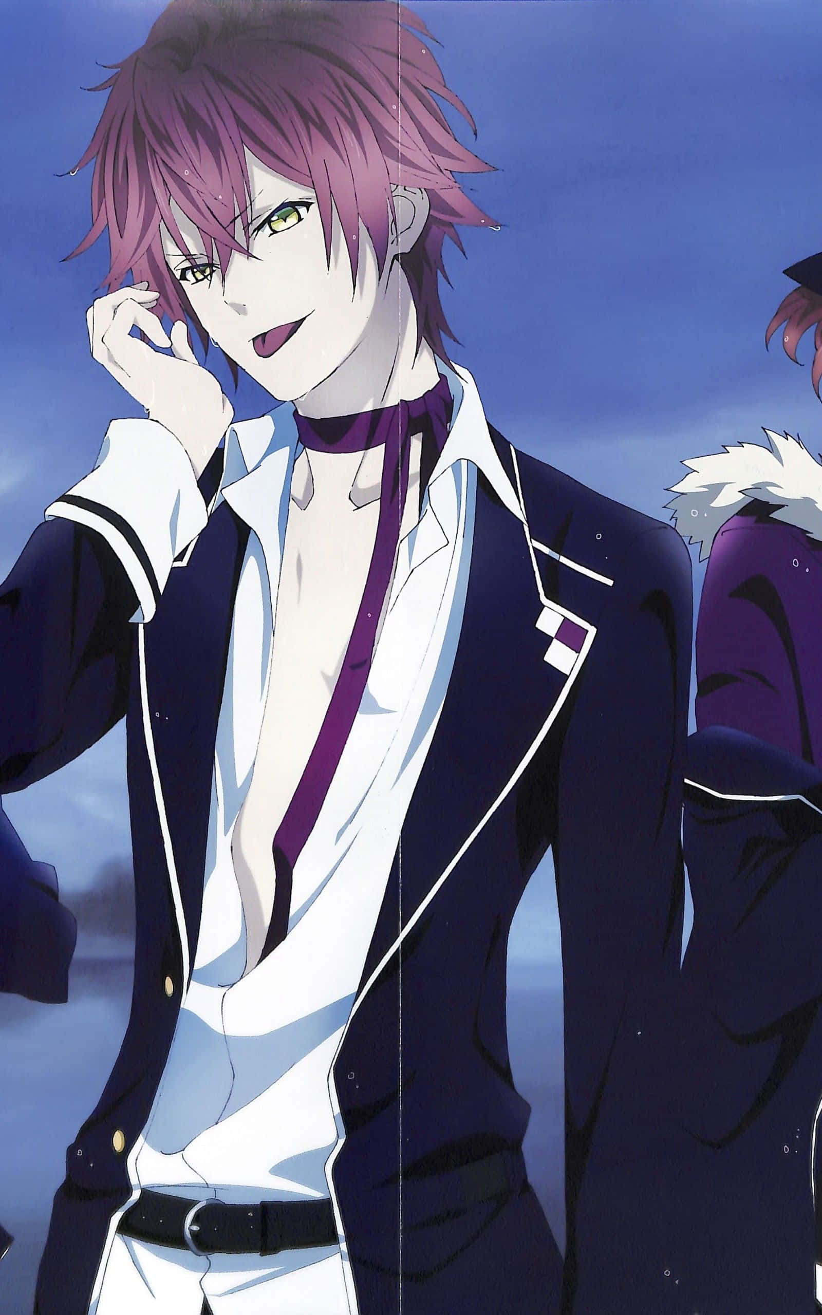 Kanato Sakamaki 桌布 壁紙 — 一個自信的動漫男性，擁有紫色尖刺頭髮和黃色眼睛，穿著時尚的深色西裝外套，在暮色天空下擺姿勢。