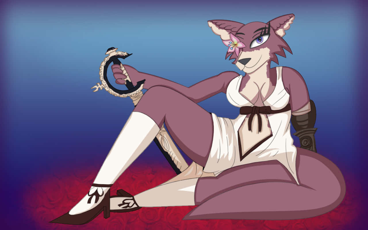  壁紙 — 一隻自信擬人化的狐狸穿著白色連衣裙，躺在紅色地毯上，手持裝飾劍，背景為藍色漸變。