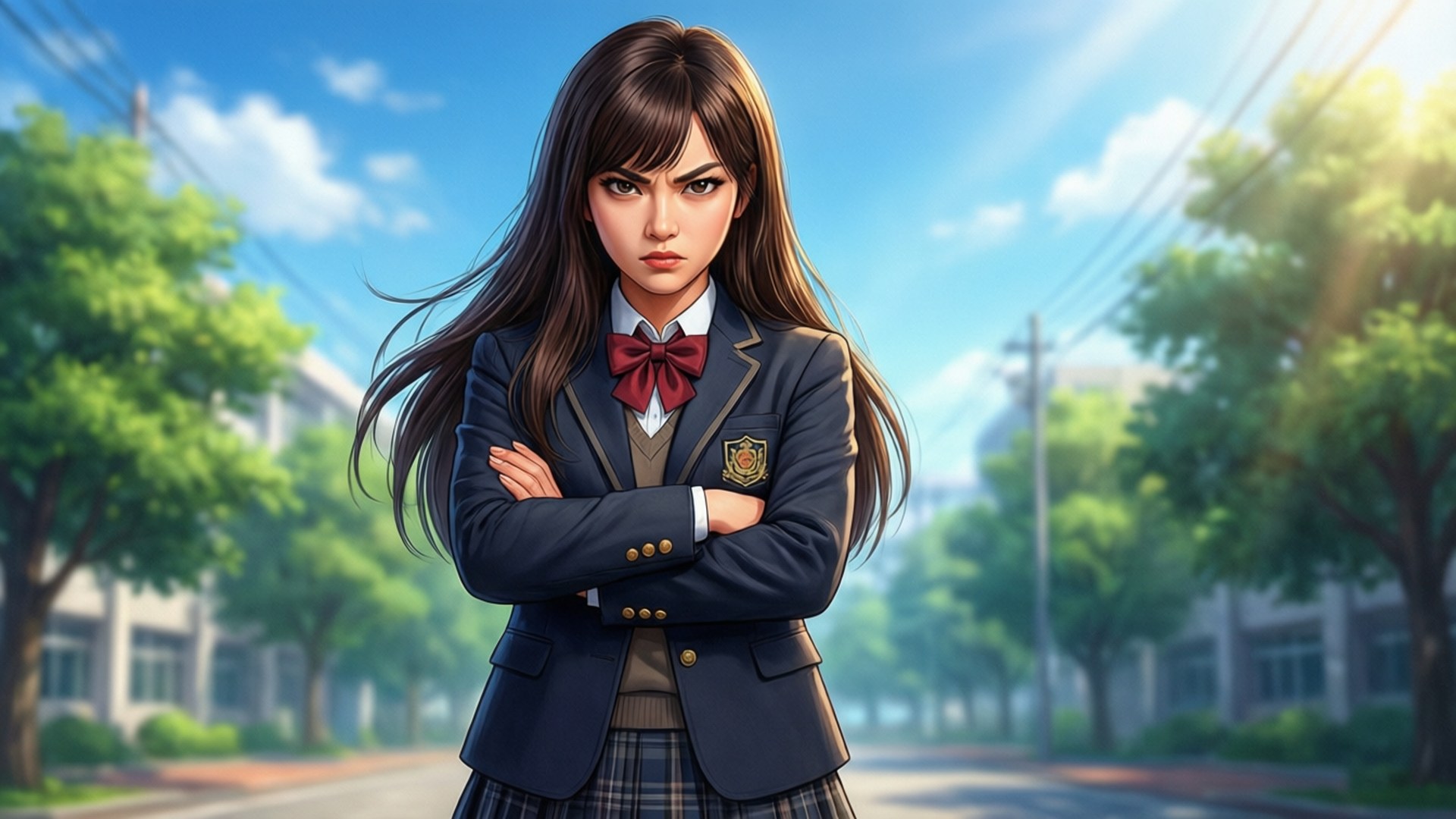 一個嚴肅的動漫女學生穿著校服，在陽光明媚的樹蔭街道上交叉雙臂站立。