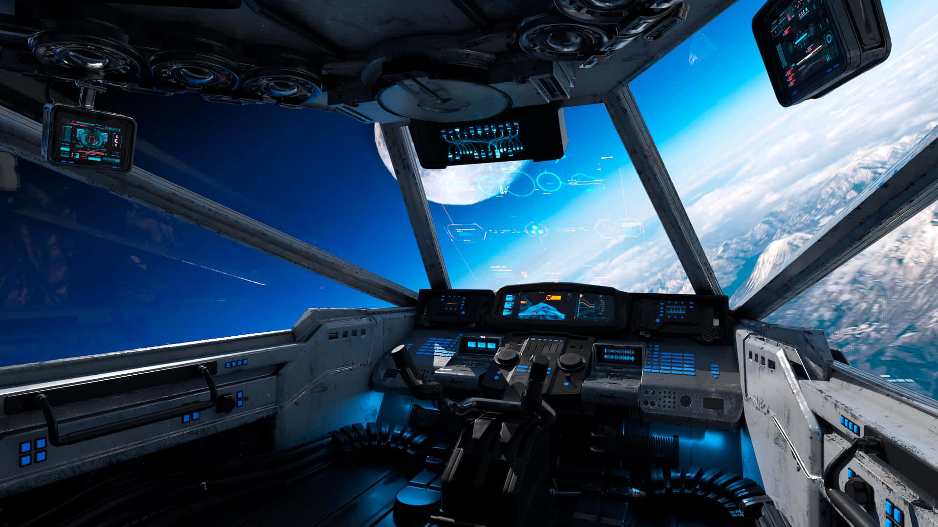 Spaceship Cockpit 桌布 壁紙 — 從飛越地球的太空船駕駛艙視角，發光的藍色控制裝置和弧形窗戶顯示行星和星星。