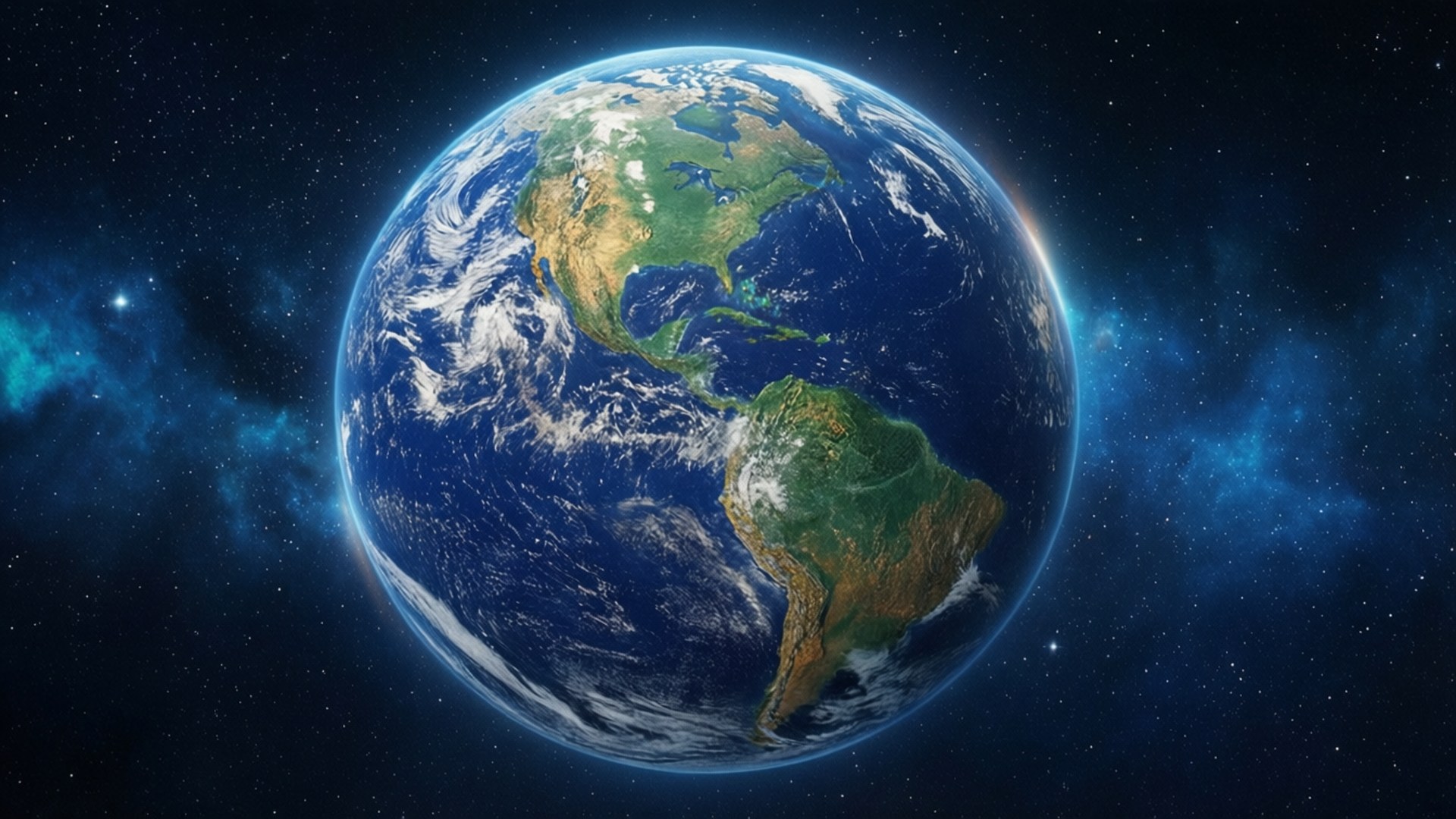 Earth from Space 壁紙 — 從太空俯瞰地球的壯麗景色，展現北美洲和南美洲，湛藍的海洋和 swirling 的白色雲朵，背景是繁星點點的宇宙。