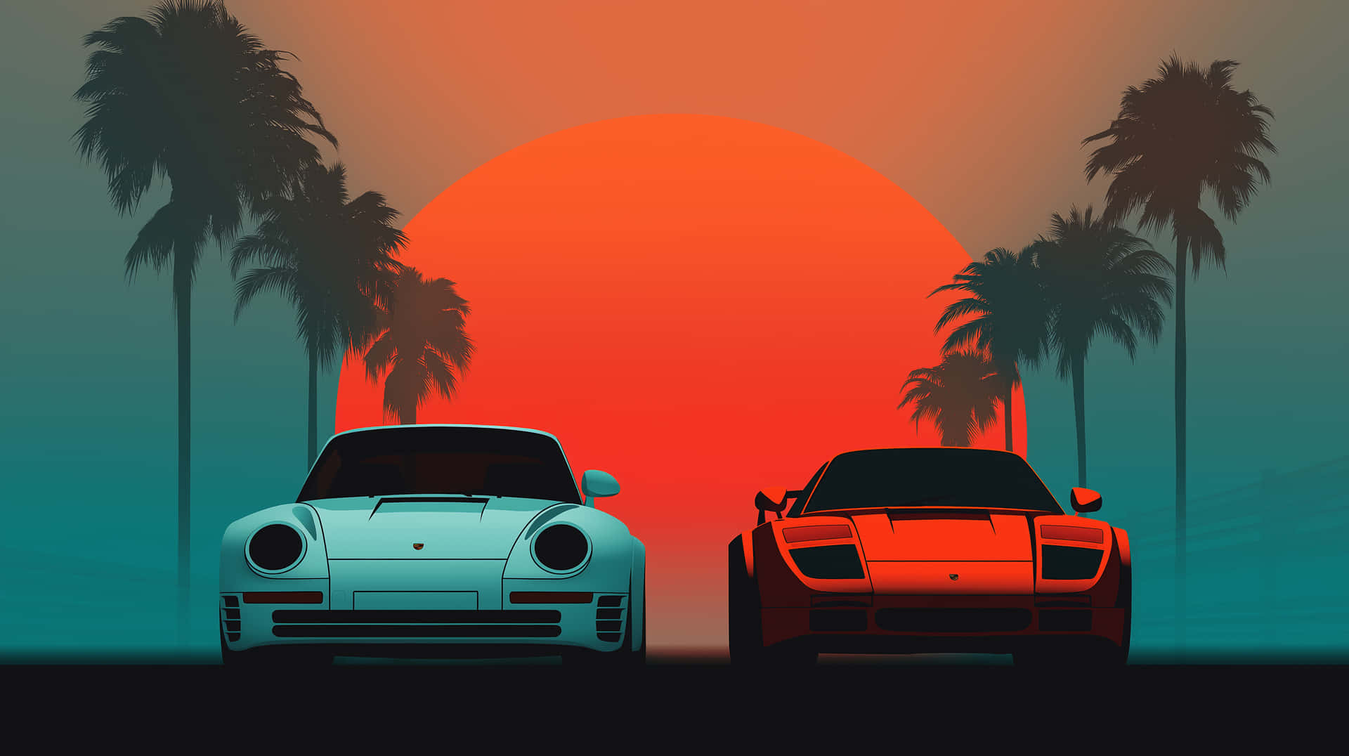 兩輛經典跑車停在夕陽下，有棕櫚樹