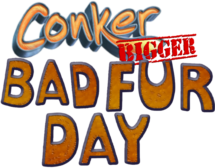Conker's Bad Fur Day 標誌 壁紙 — Conker Bigger Badfur Day 嘅大膽3D風格遊戲標題標誌，帶有紋理橙色字母同紅色印章。