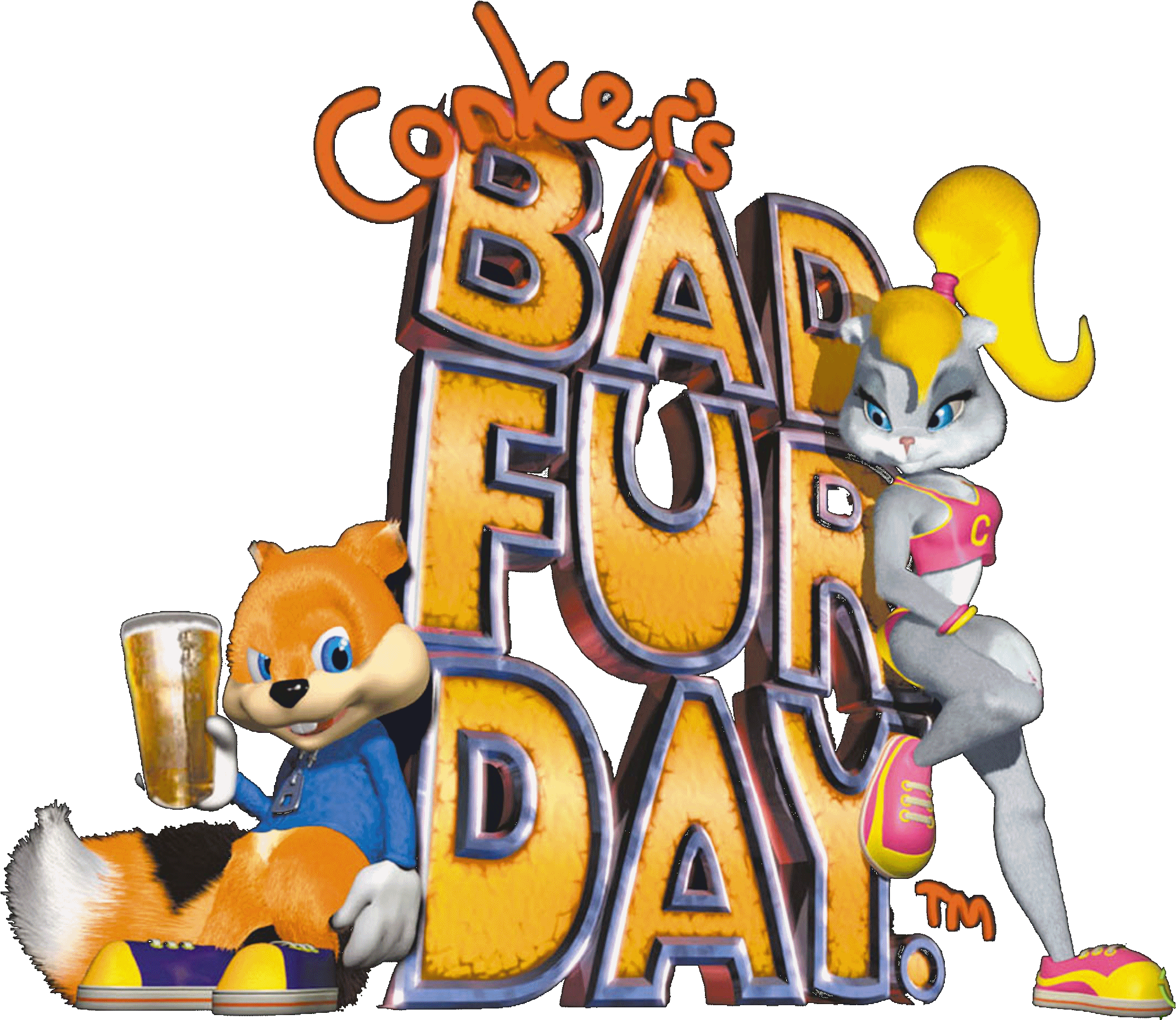 Conkers Bad Fur Day 角色 壁紙 — 兩隻卡通松鼠在黑色背景上夾著粗體3D標題文字。