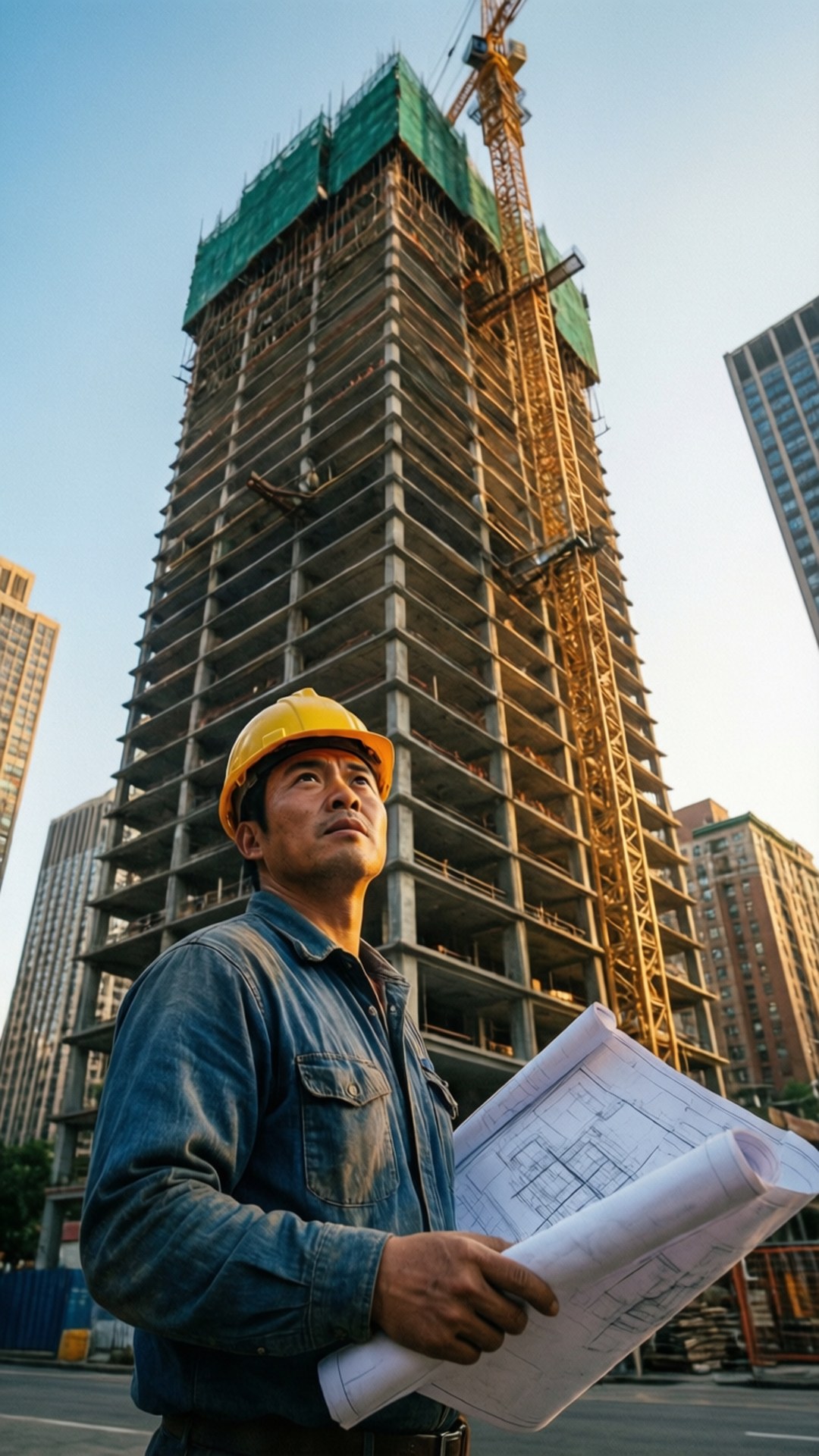 建築工人手持藍圖，站在興建中的高層建築前。
