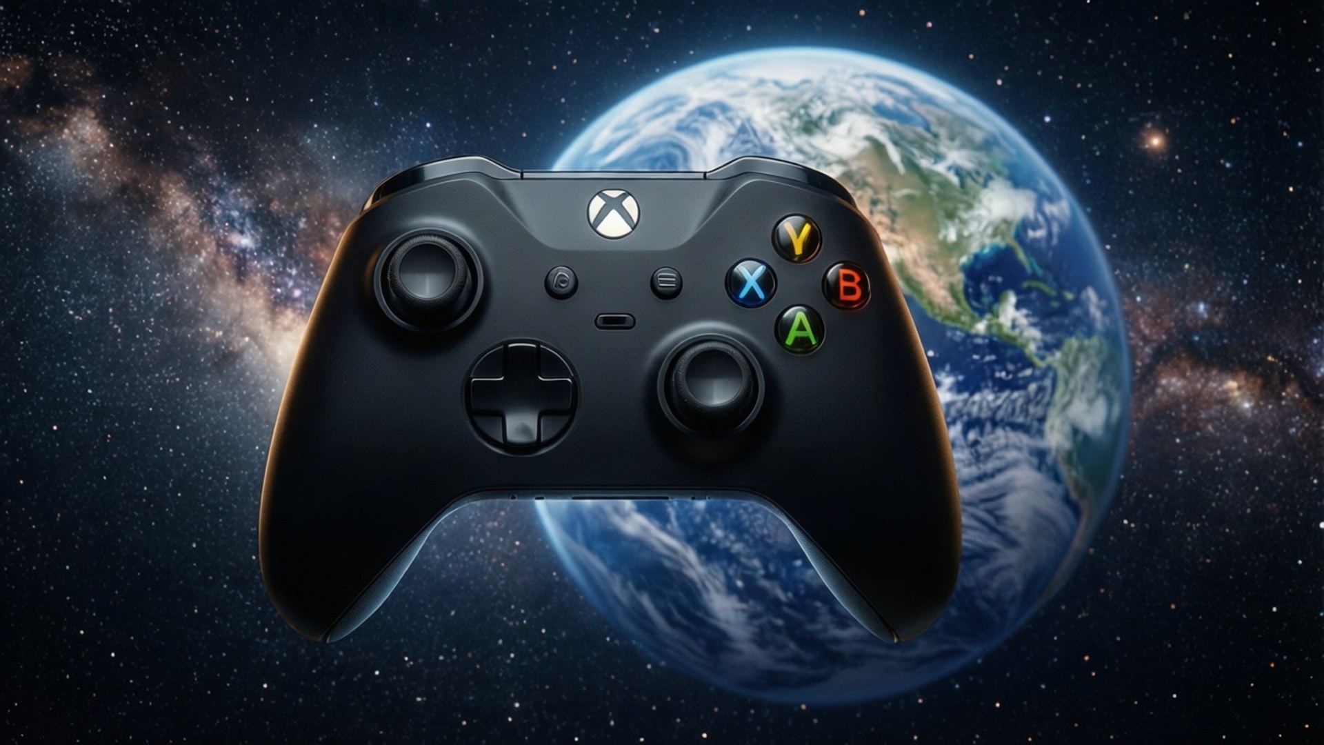 黑色Xbox手掣漂浮在太空，地球和星星在背後