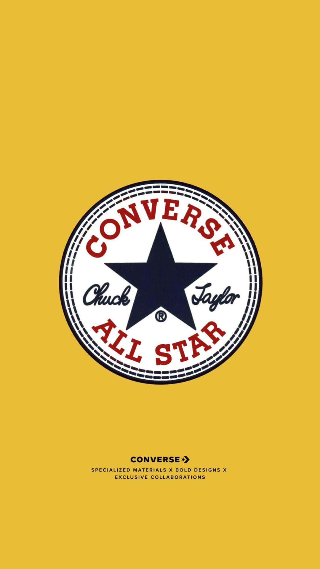 穿上經典Converse All Stars，提升你的時尚品味！ 壁紙 — 一個大膽的 Converse All Star 標誌居中在純芥末黃色背景上，下方有極簡排版。