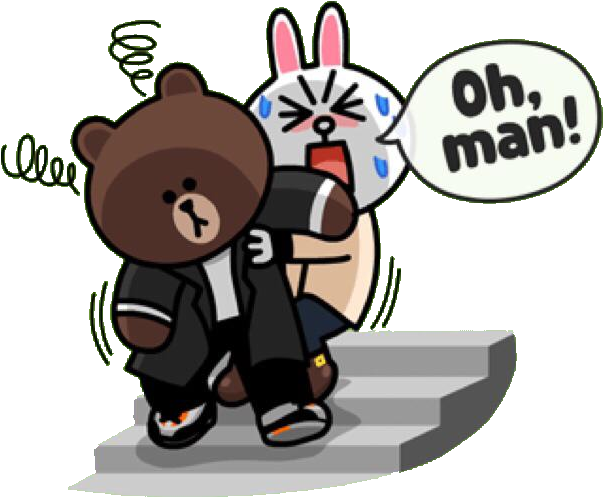 醉醺醺的熊被兔子 Cony 支撐 壁紙 — 一隻卡通熊和兔子穿著足球制服在樓梯上滑稽地掙扎，對話框寫著「噢，老兄！」