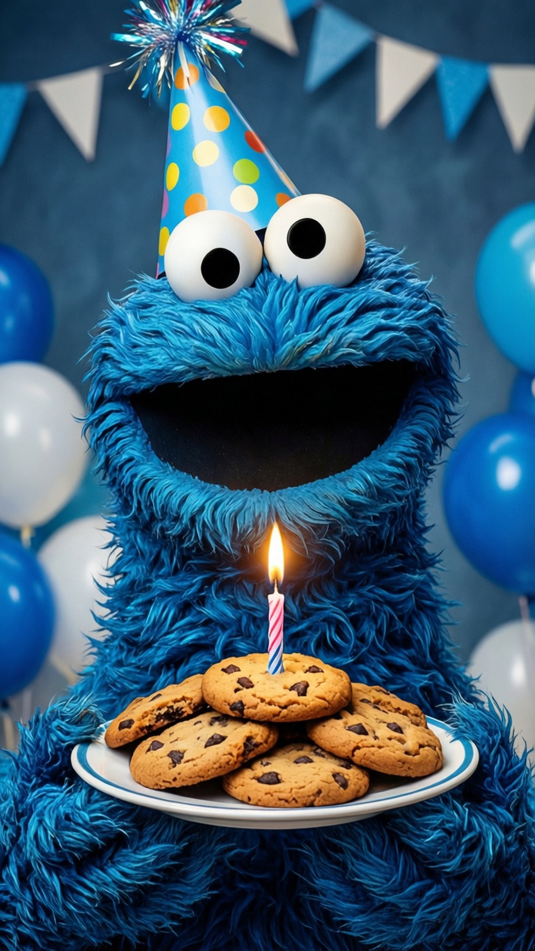 Cookie Monster holding cookies with a birthday candle lit. 壁紙