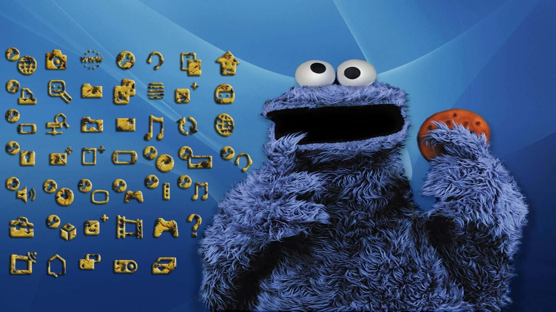 Cookie Monster 桌布 壁紙 — Cookie Monster 喺藍色背景上，帶住金色圖示，攞住一塊朱古力曲奇。