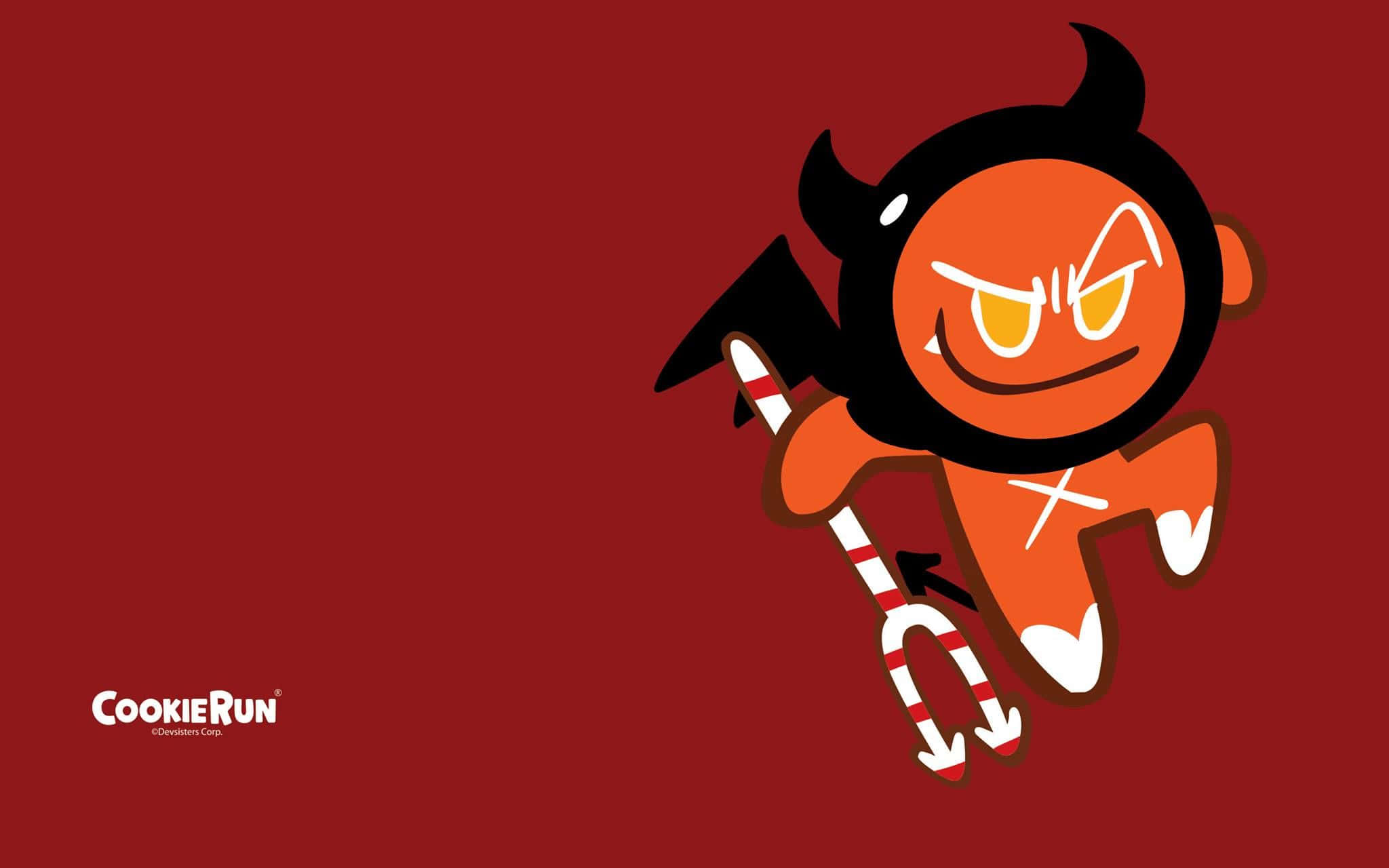 在《Cookie Run》中跳躍收集甜蜜獎勵！ 壁紙 — 一個卡通魔鬼曲奇角色，有角和乾草叉，在純紅色背景上充滿活力地奔跑。