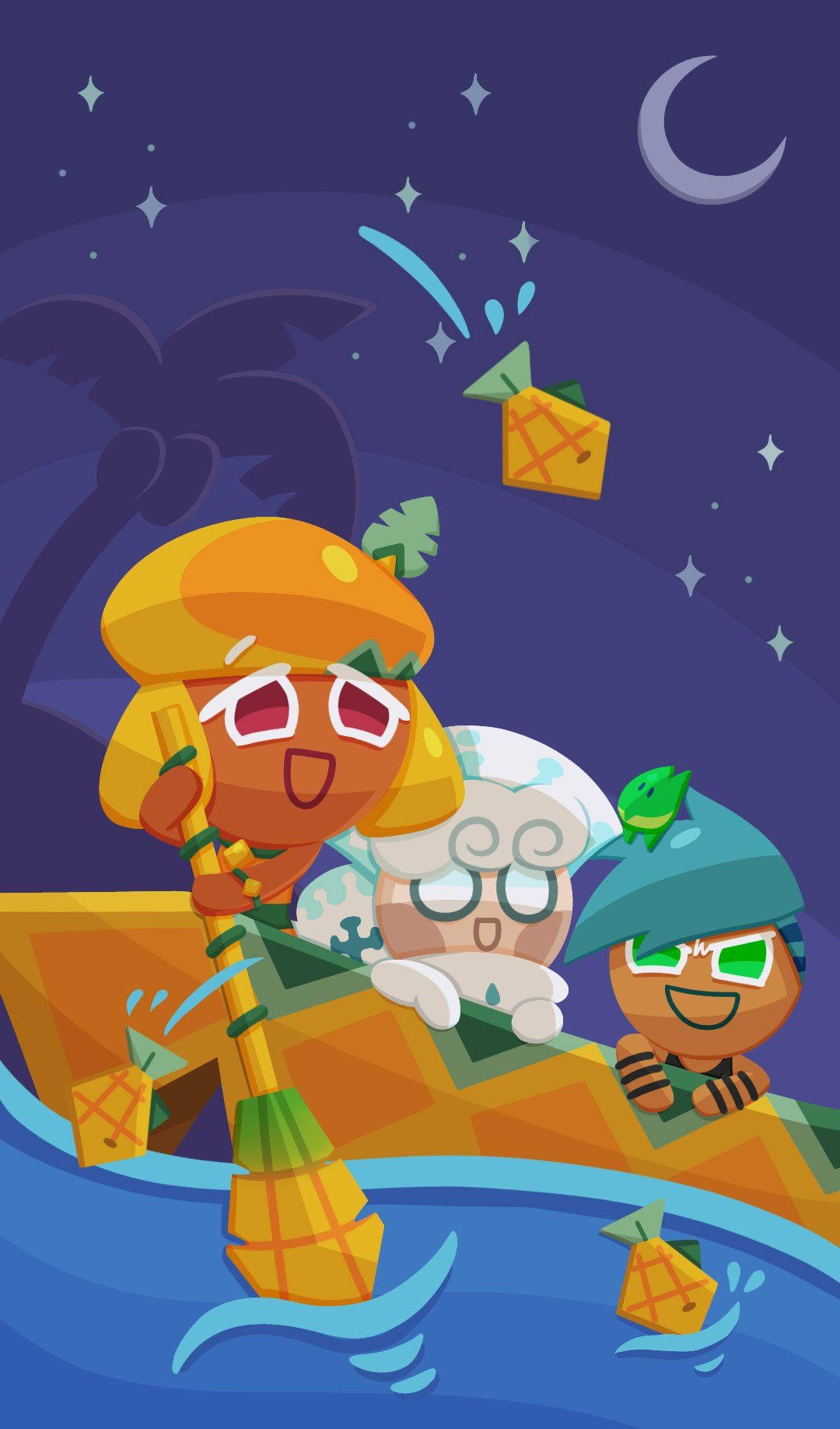 三個微笑的卡通曲奇在夜晚的星空和新月下划船。