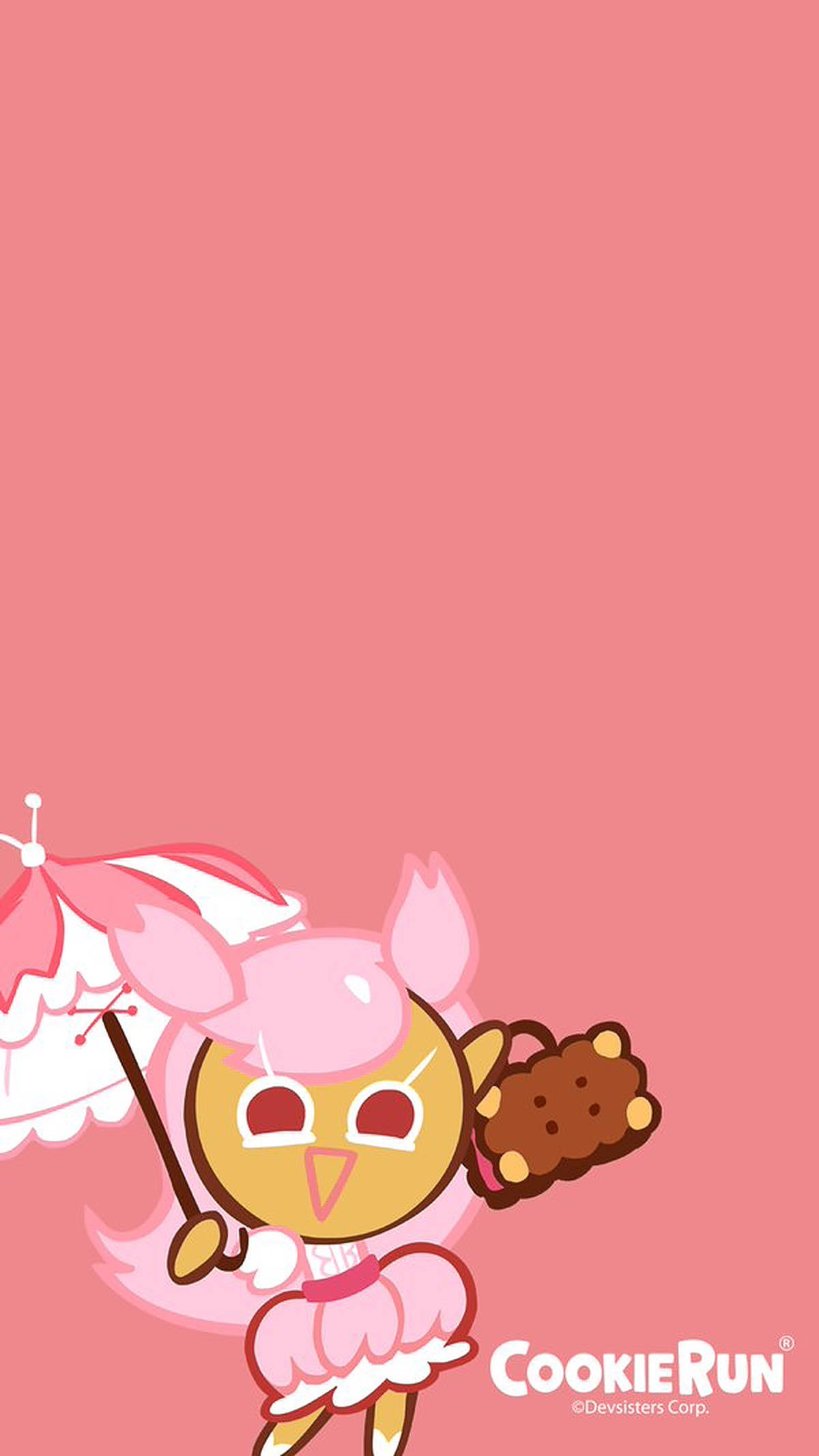Cookie Run 柔粉風 壁紙 — 一個可愛的粉紅色曲奇角色穿著芭蕾舞服裝，在純粉紅色背景上拿著雨傘和曲奇。