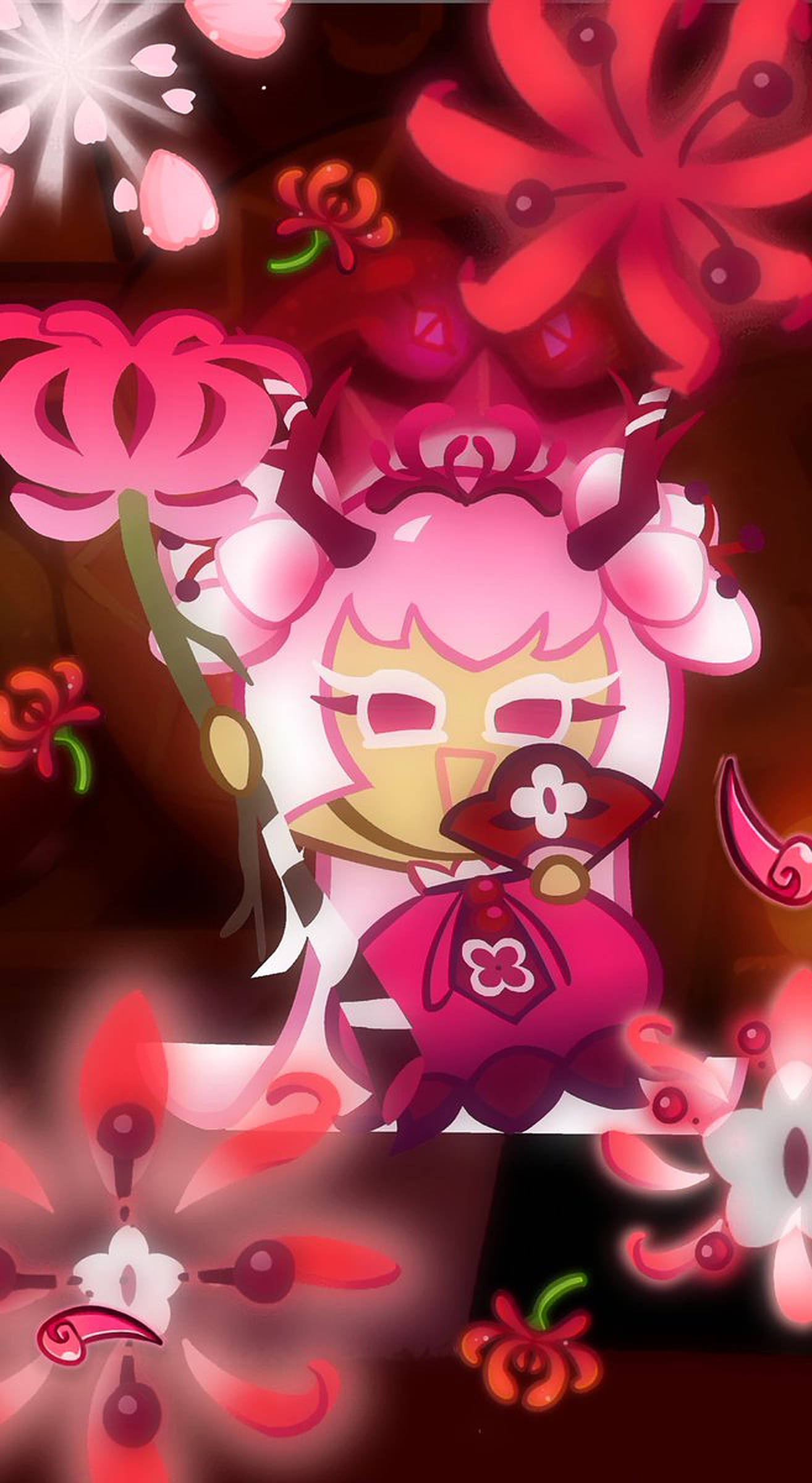 Cookie Run 樱花主題 壁紙 — 一個粉紅色頭髮、有角的動漫角色，穿著花卉主題服裝，在黑暗背景下被發光的紅色和粉紅色花朵包圍。