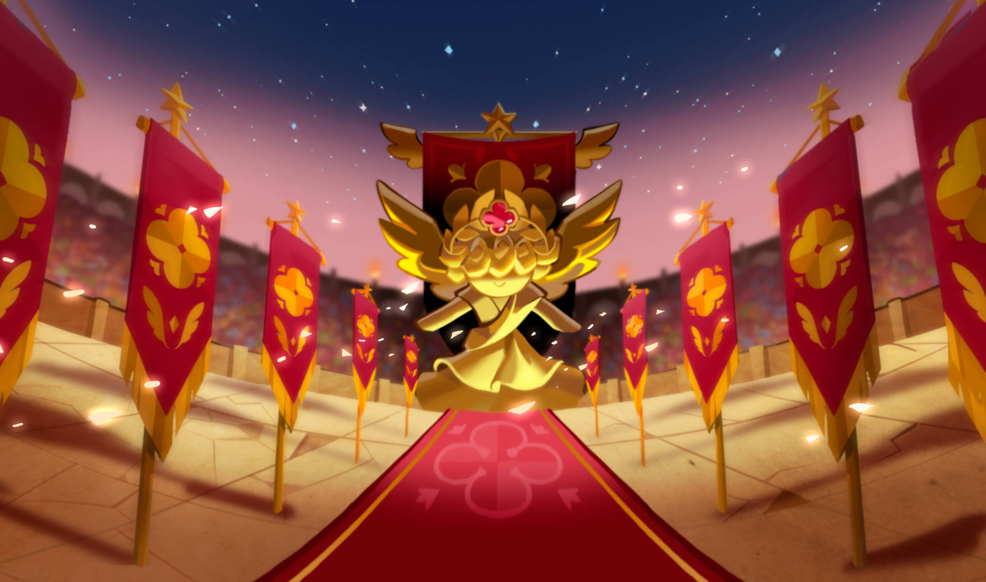 Cookie Run：王國 arena 遊戲精彩畫面 壁紙 — 一個金色帶翼的徽章，上面鑲嵌著一顆紅色寶石，放置在紅色地毯上，兩旁是帶有黃色花卉圖案的紅色橫幅，背景是星光閃爍的暮色天空。