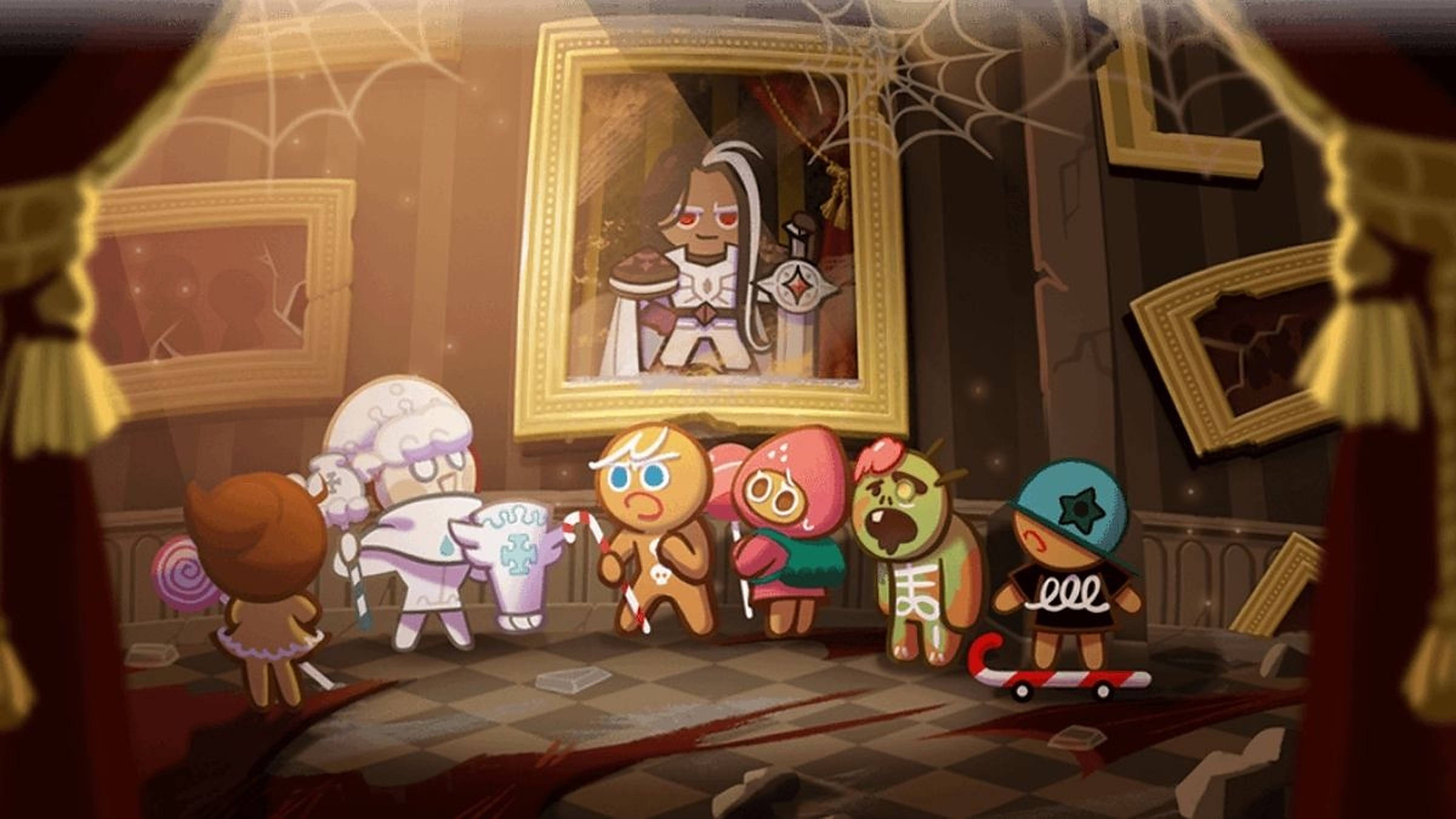 Cookie Run 鬼屋冒險 壁紙 — 一群卡通曲奇角色站在一個佈滿灰塵和蜘蛛網的房間裡，房間裡有破損的相框和一幅嚴肅曲奇角色的畫像。