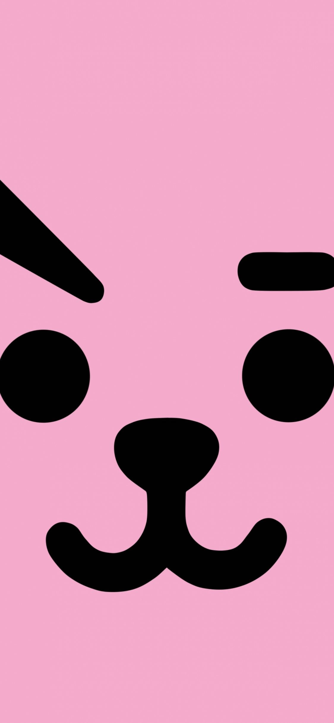 Cooky BT21 全臉特寫 壁紙 — 一個極簡風格的黑色卡通狗臉，帶有圓眼睛和鬍子，在純粉紅色背景上。
