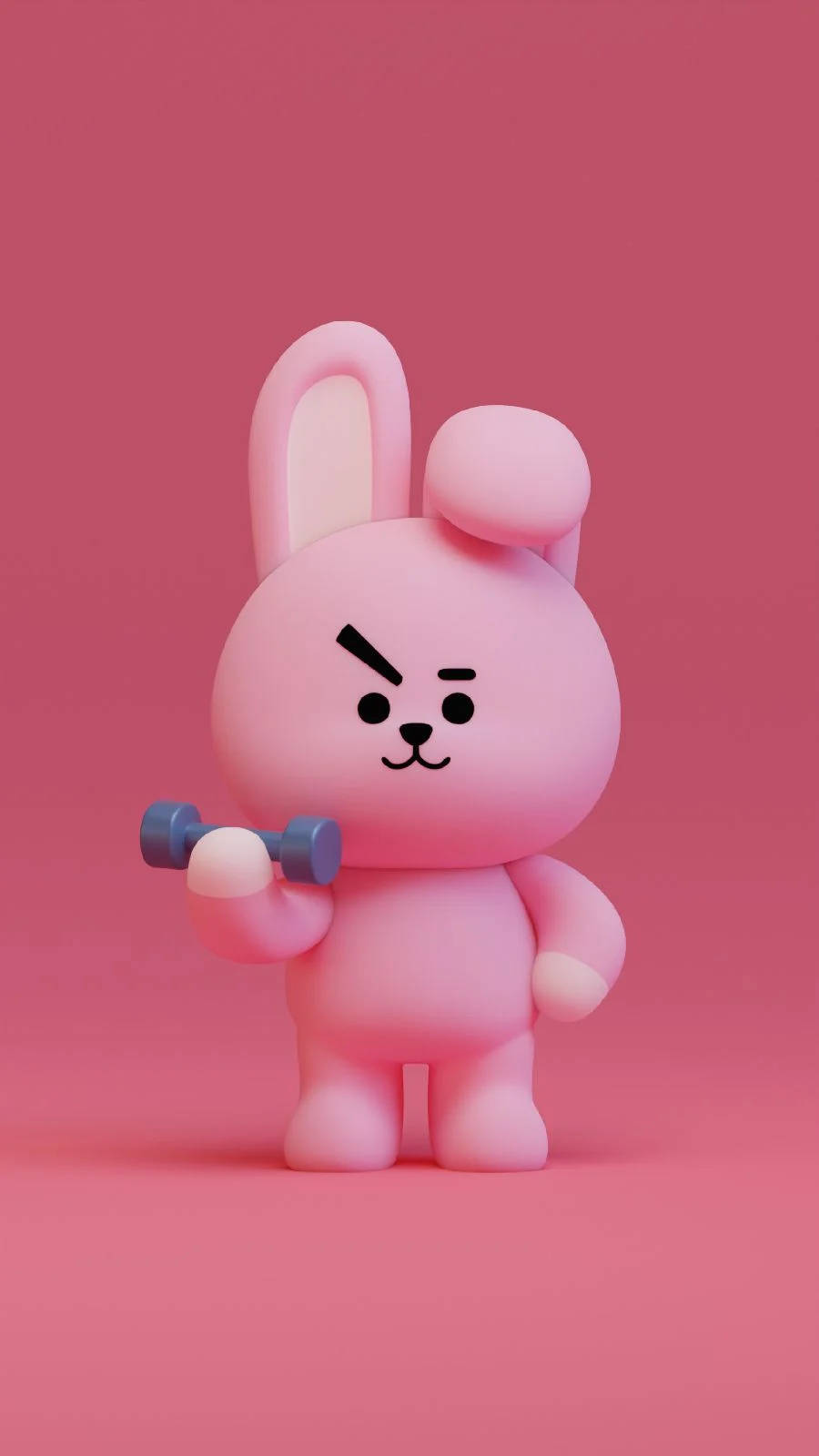 Cooky BT21 塑膠雕像 壁紙 — 一隻粉紅色卡通兔仔帶住憤怒嘅表情，喺純粉紅色背景上揸住一個細藍色啞鈴。