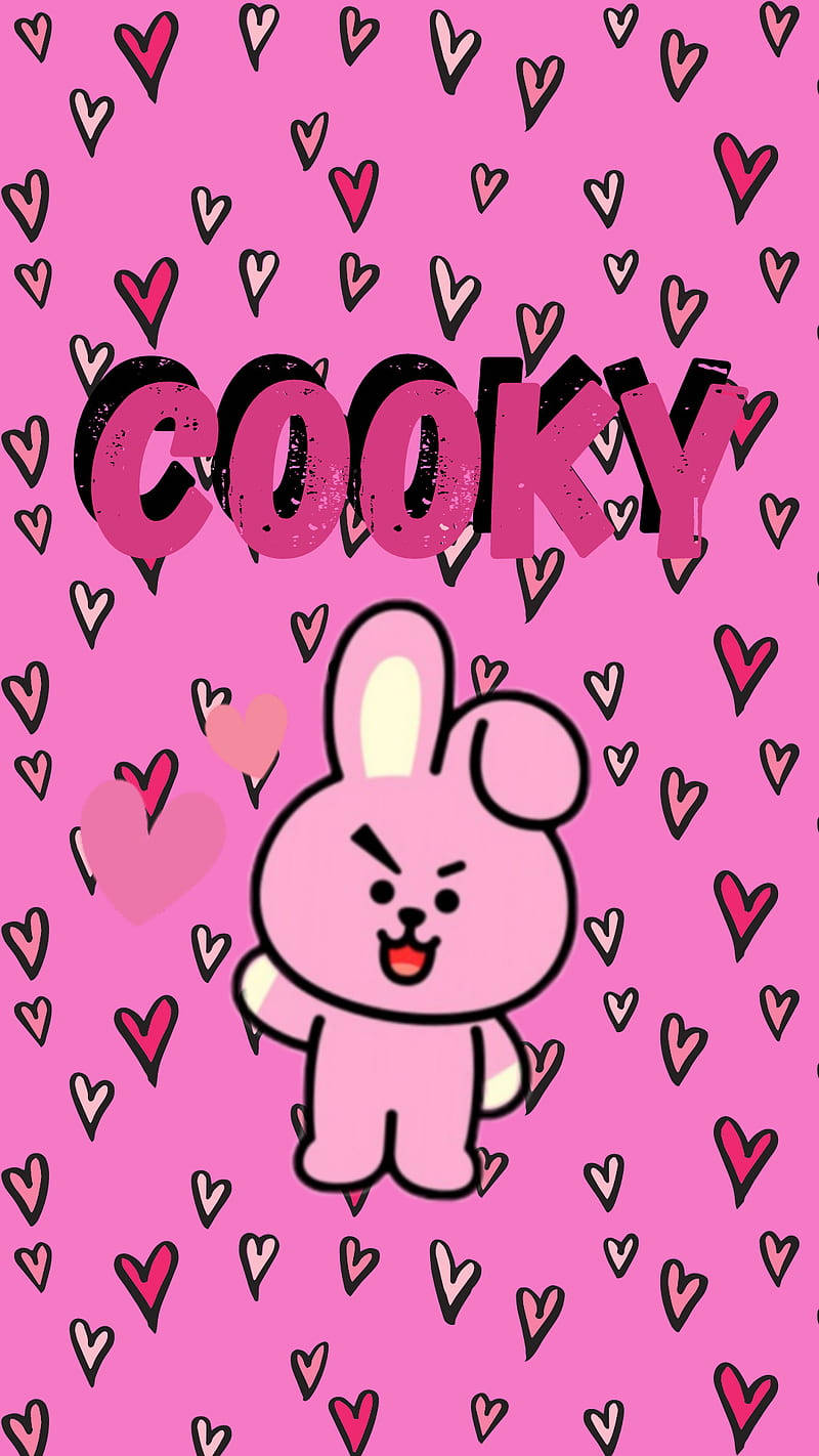 Cooky BT21 心形海報 壁紙 — 一隻粉紅色卡通兔仔帶住憤怒表情，企喺充滿散落心形同「COOKY」字樣嘅鮮豔粉紅色背景前面。