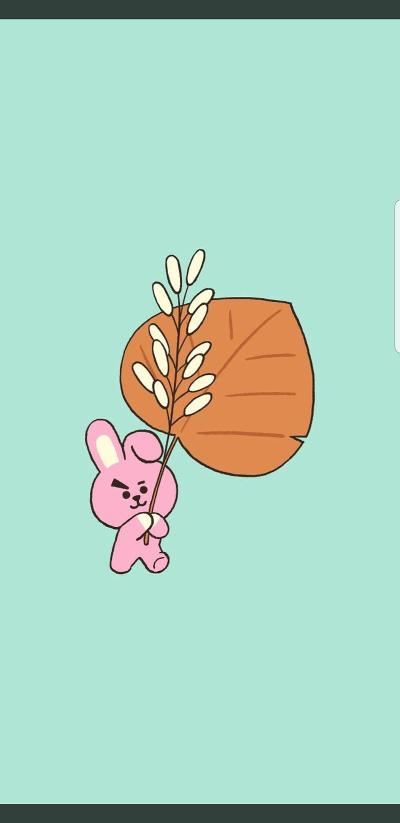 Cooky BT21 手持葉子 壁紙 — 一隻可愛的粉紅色卡通兔仔喺薄荷綠色背景上拎住一塊帶有白色種子莢嘅啡色樹葉。