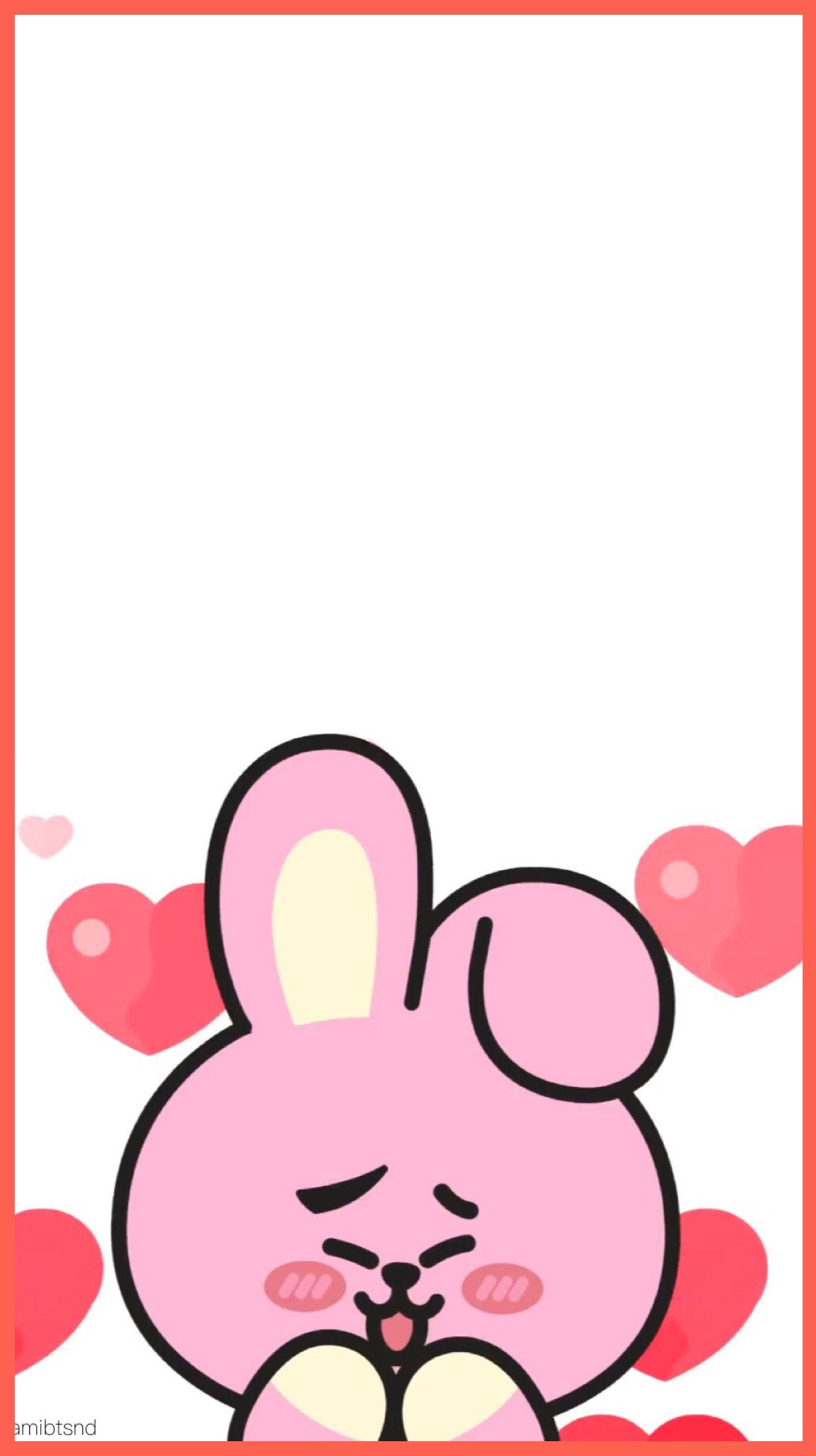 Cooky BT21：為你的宇宙帶來歡樂與冒險！ 壁紙 — 一隻可愛的粉紅色卡通兔子，閉著眼睛，臉頰泛紅，坐在白色背景上漂浮的紅色心形之間。