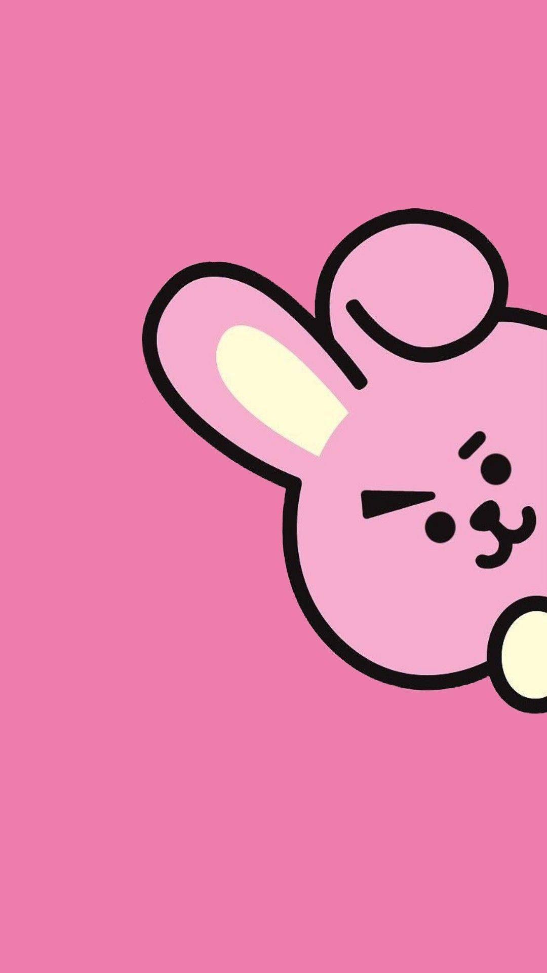 Cooky BT21 特寫 壁紙 — 一隻可愛的粉紅色卡通兔仔，眨著一隻眼，從右邊探出頭來，背景係純粉紅色。