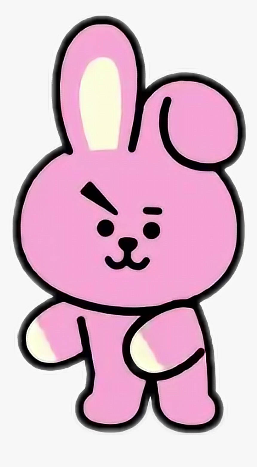 Cooky BT21 簡約風格 壁紙 — 一隻粉紅色卡通兔，帶有黑色輪廓和憤怒表情，站在純色背景前。