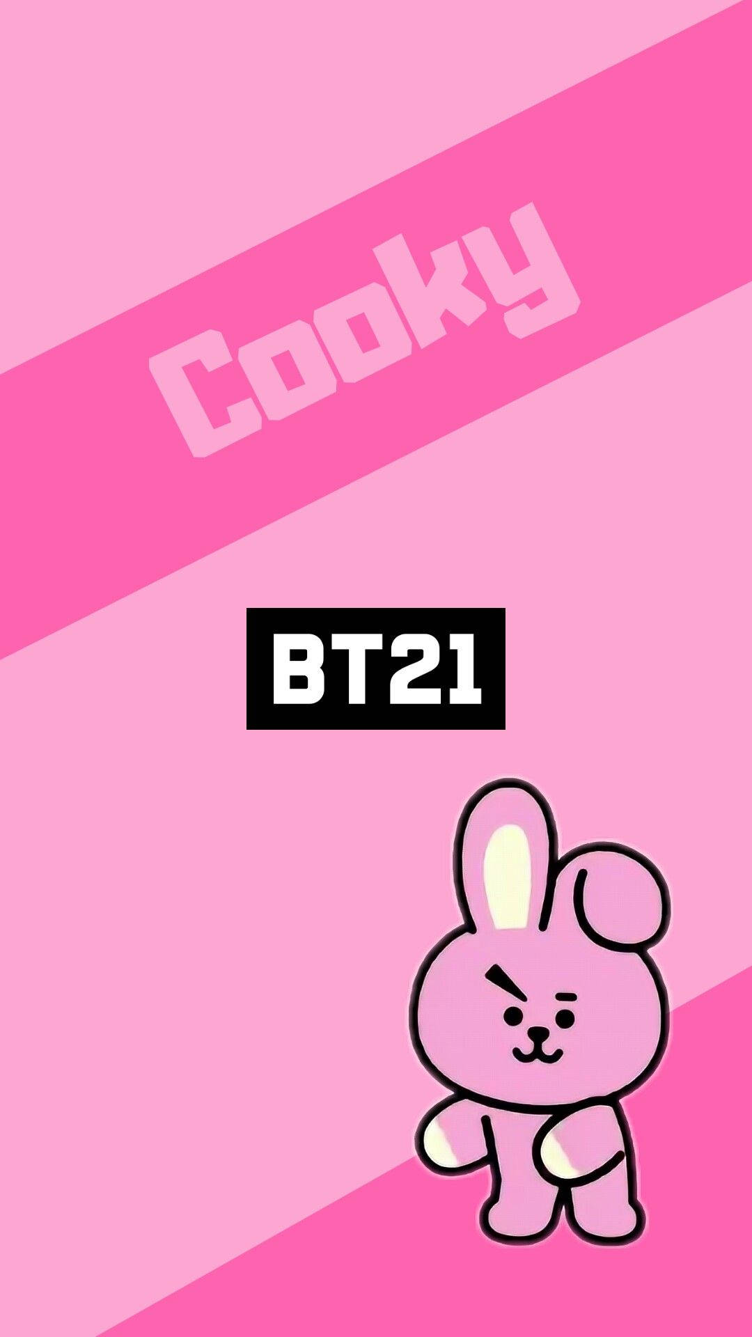 Cooky BT21 粉紅海報 壁紙 — 一個粉紅色卡通兔仔角色帶憤怒表情，企喺對角粉紅色漸變背景上，有 'Cooky' 同 'BT21' 文字。