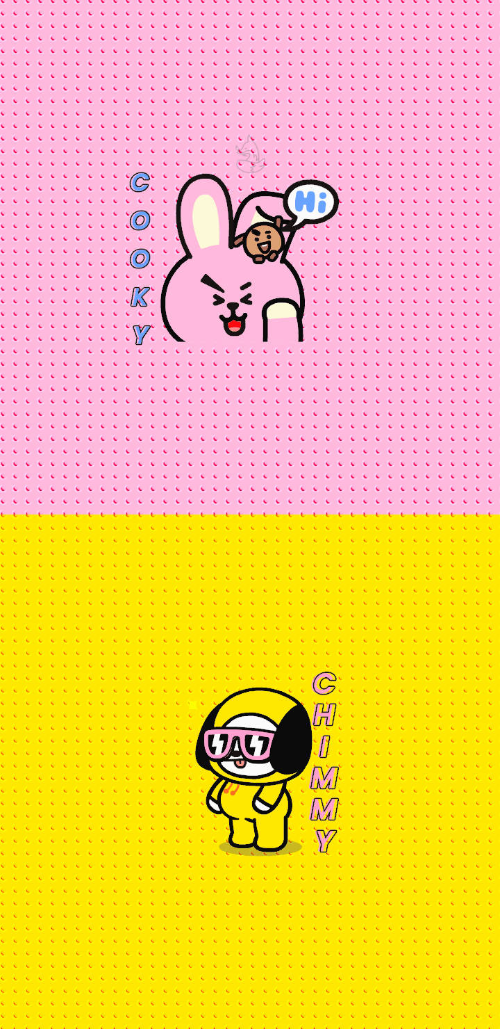 Cooky BT21 與Chimmy 壁紙 — 兩個卡通角色：一隻粉紅色兔仔頭上有隻細小嘅棕色馬騮，同一個黃色機械人，兩者都喺點點背景上。
