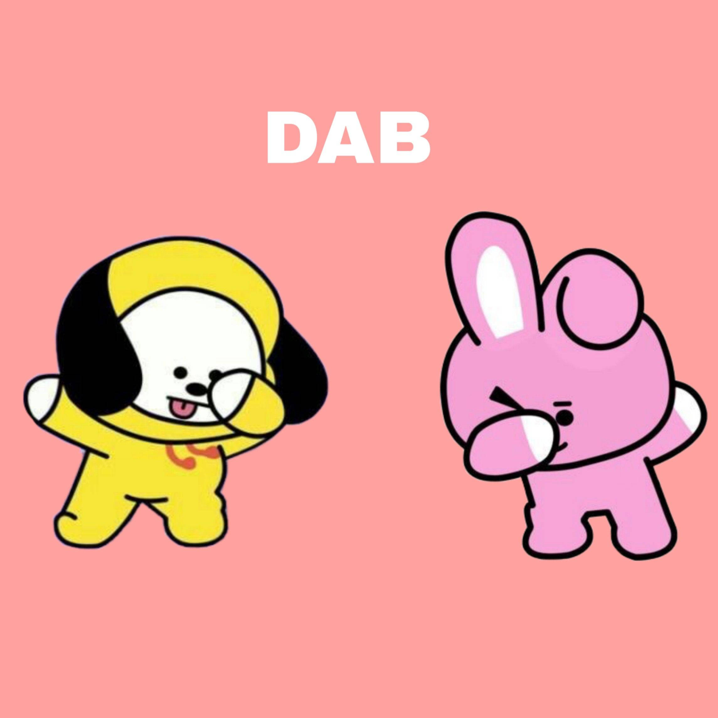 Cooky BT21 與Chimmy比讚 壁紙 — 兩個卡通角色，一隻黃狗和一隻粉紅兔，在純粉紅背景上擺出有趣的 dab 姿勢。