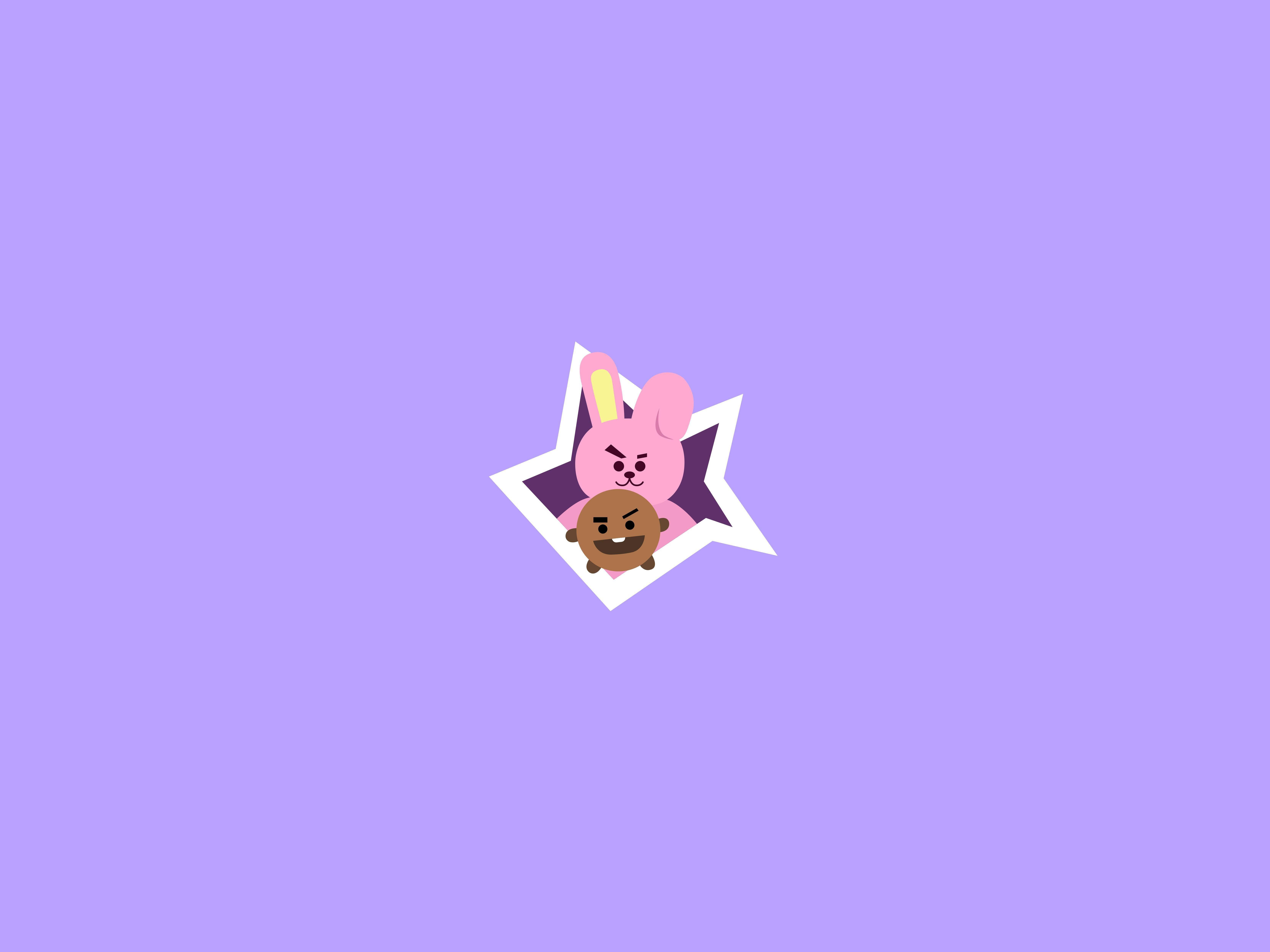 Cooky BT21 與Shooky 壁紙 — 一隻粉紅色兔仔同一個棕色曲奇角色喺純薰衣草色背景上嘅白色星星剪裁中探出頭嚟。