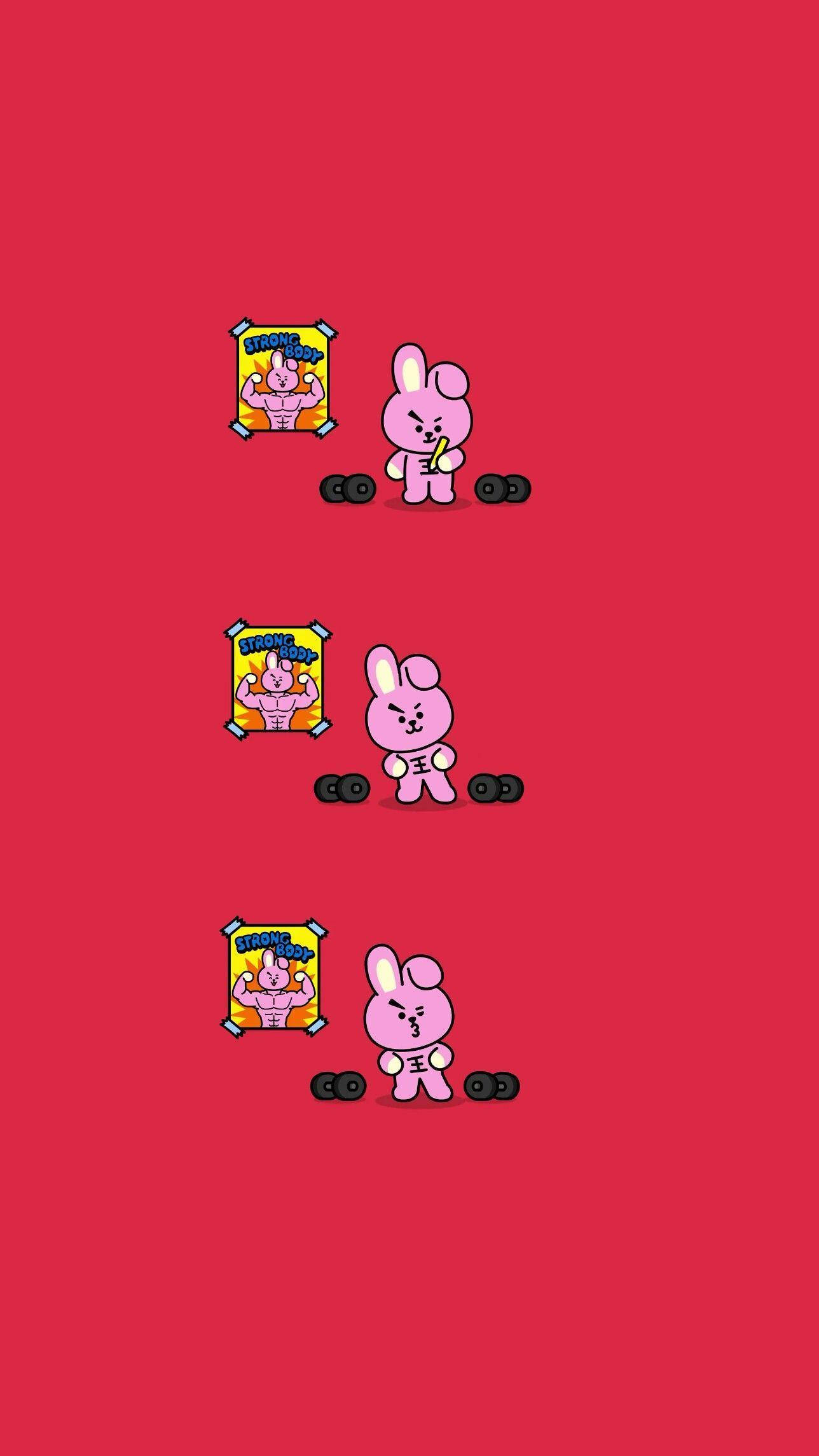 Cooky BT21 與啞鈴 壁紙 — 三隻粉紅色卡通兔仔喺純紅色背景前舉重，後面有張展示肌肉嘅海報。