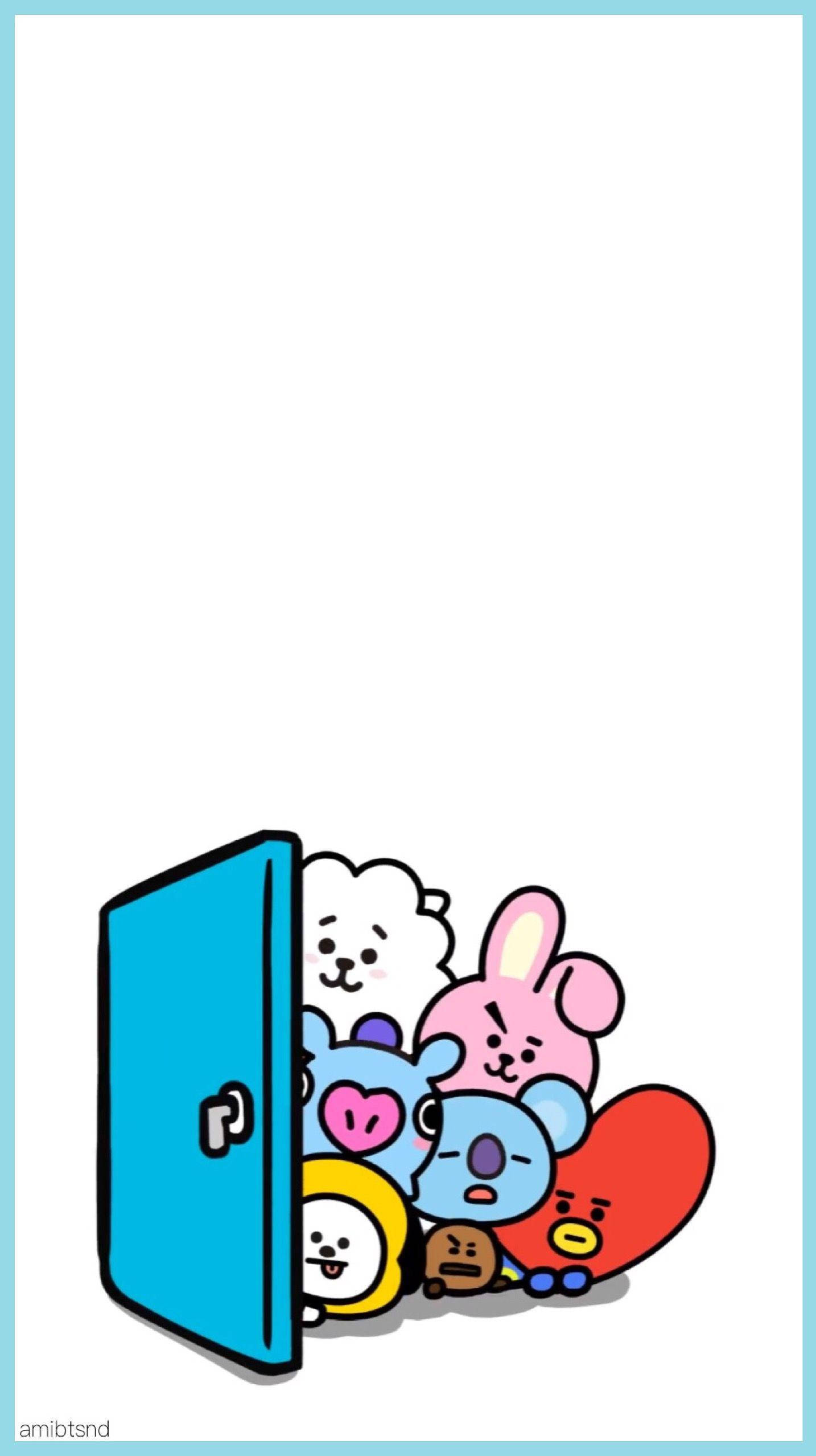 Cooky BT21 與好友 壁紙 — 一群色彩繽紛的BT21卡通角色從藍色門後探出頭來，背景為純白色。