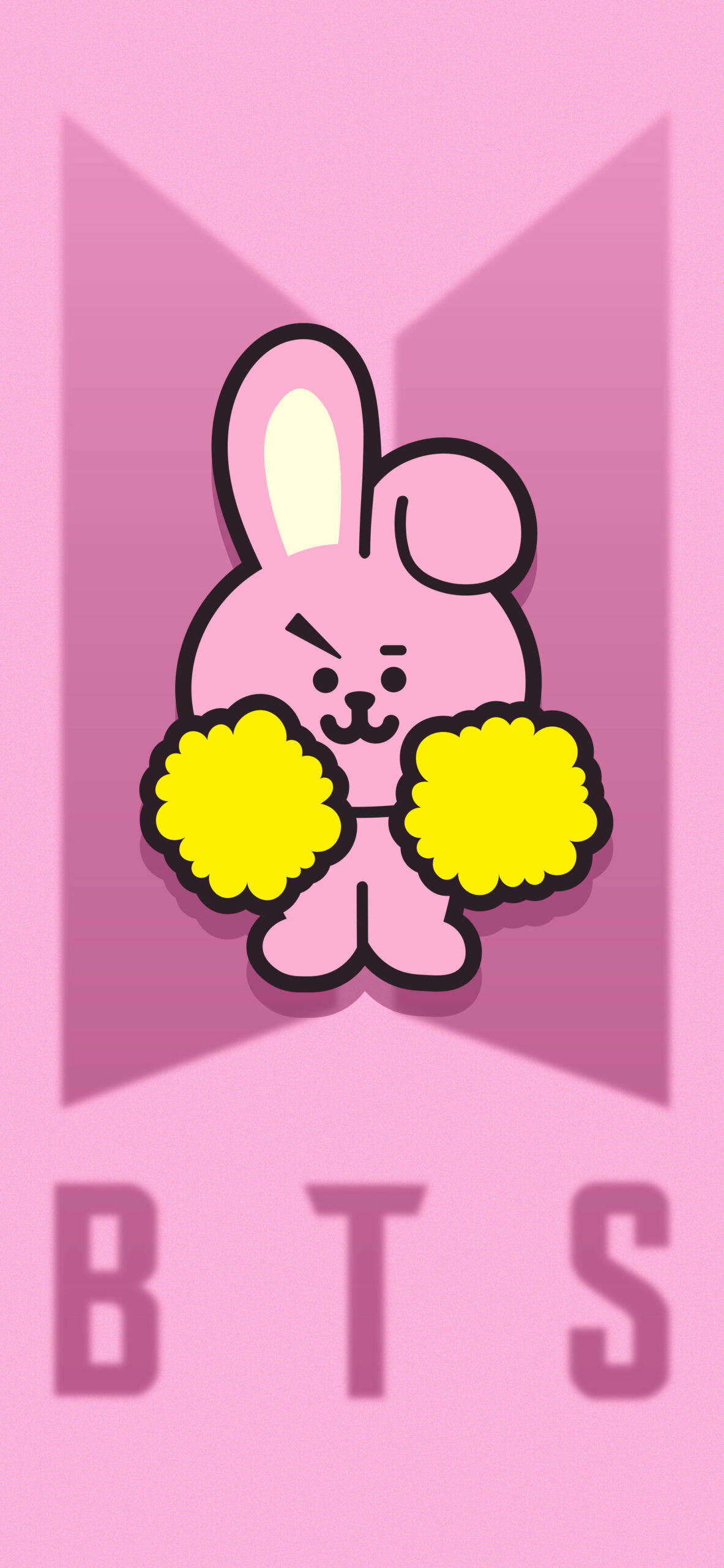 Cooky BT21展現啦啦隊活力 - 可愛又充滿能量！ 壁紙 — 一隻粉紅色卡通兔仔拿著黃色絨球，站在漸變粉紅色背景前，下方有BTS字母。