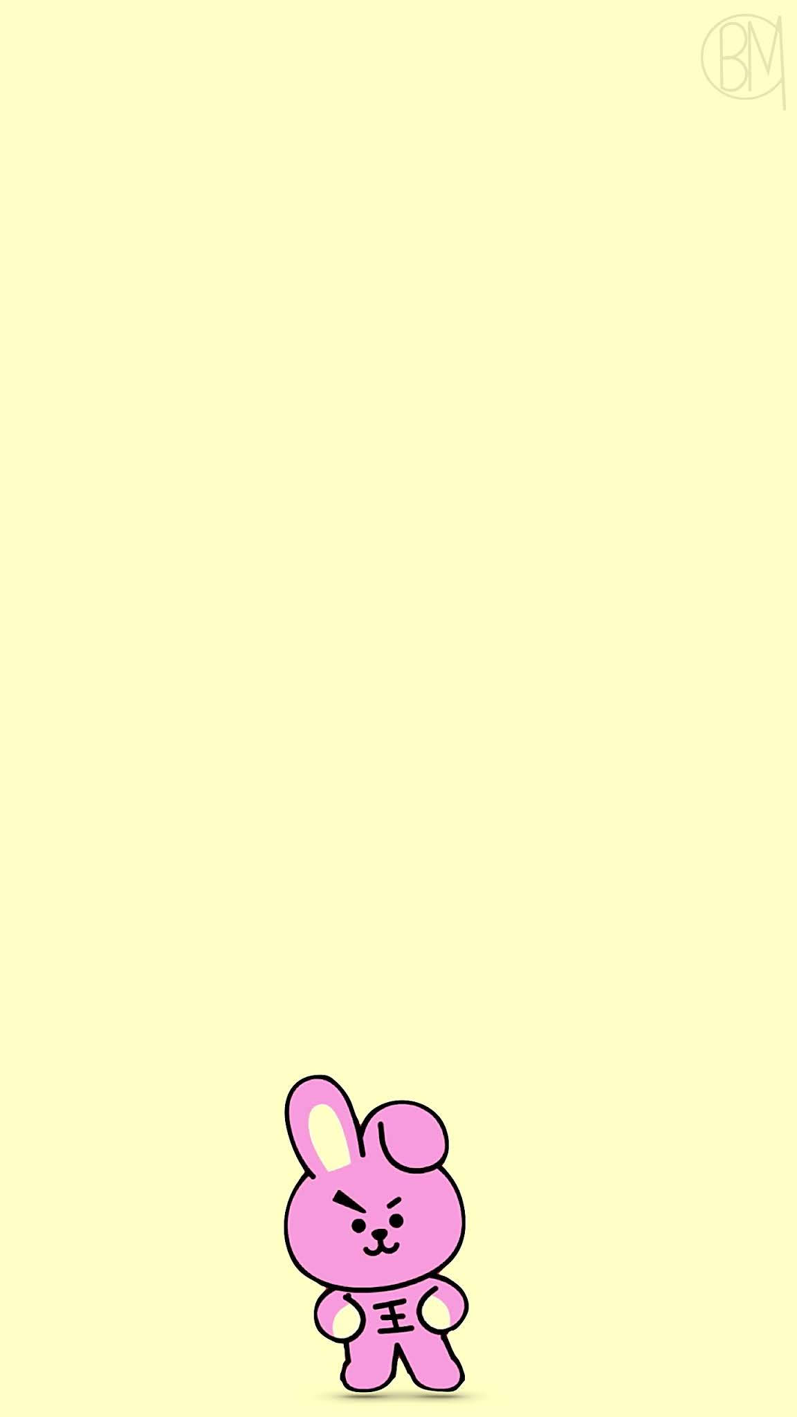 Cooky BT21展示腹肌 壁紙 — 一隻細小粉紅色卡通兔仔帶住憤怒表情，獨自企喺淡黃色背景前面。