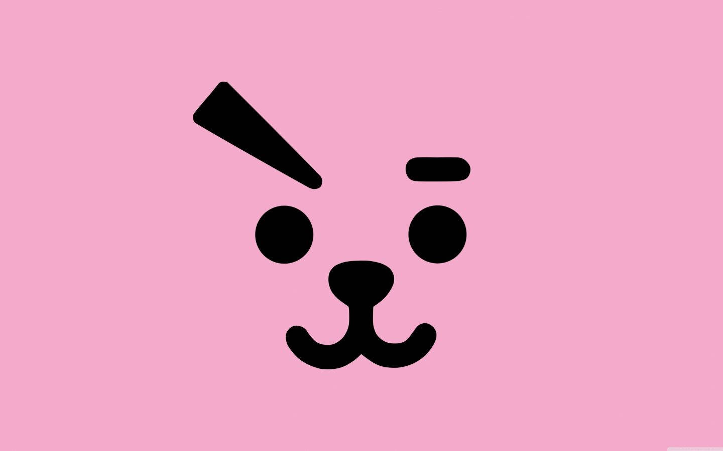 Cooky BT21臉部輪廓 壁紙 — 一個極簡風格的黑色卡通狗臉，有一條揚起的眉毛和鬍子，在純粉紅色背景上。