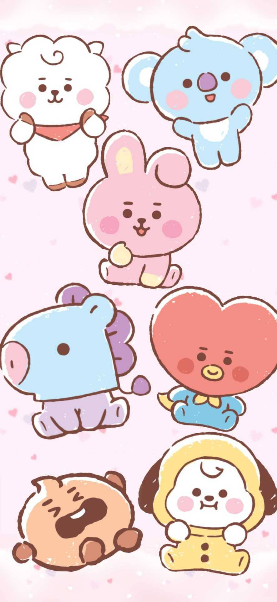 Cooky BT21與Line Friends 壁紙 — 七個可愛的卡通動物，臉頰紅潤，在點綴著小愛心的柔和粉紅色背景上頑皮地漂浮。