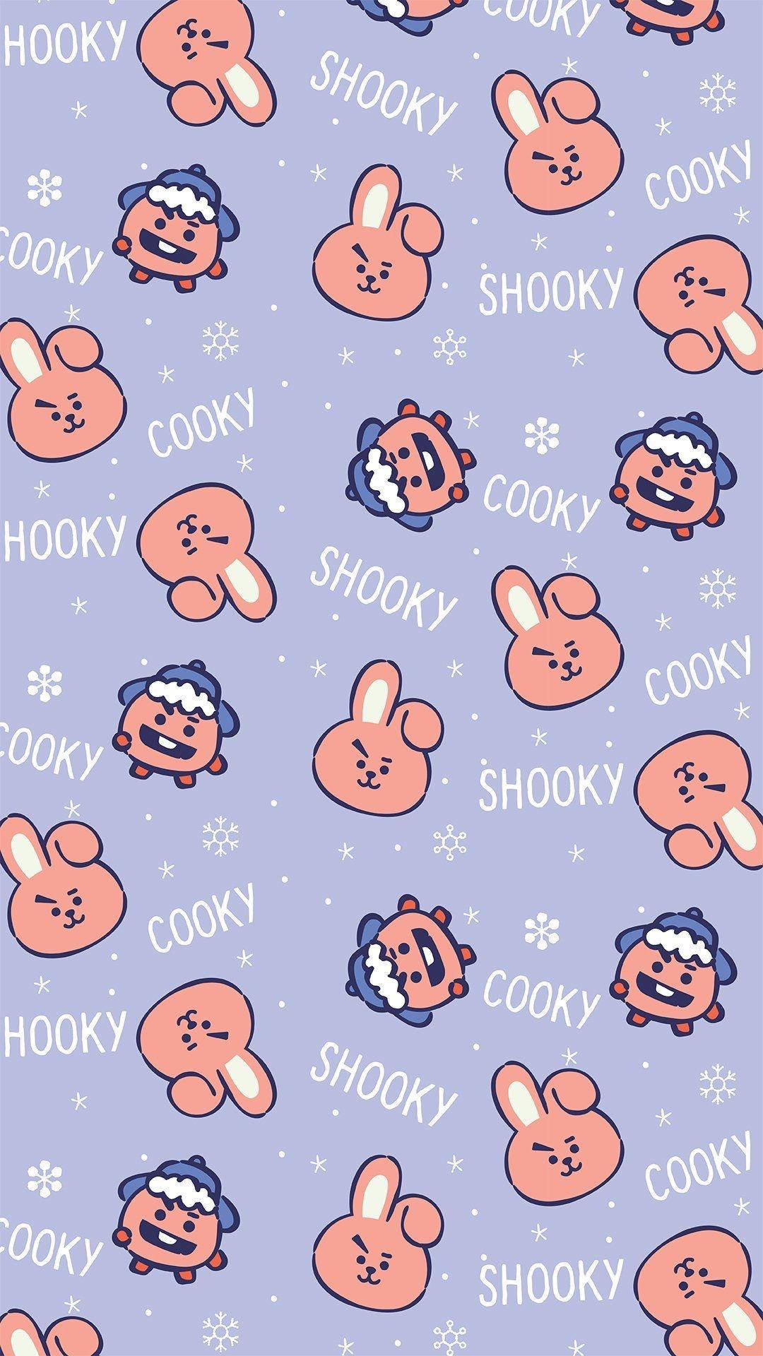 Cooky BT21與Shooky海報 壁紙 — 薰衣草背景上帶有雪花的可愛卡通人物重複圖案。