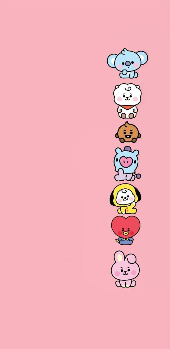 Cooky BT21與朋友排隊 壁紙 — 七個可愛的BT21角色垂直堆疊在純粉紅色背景上，形成一條俏皮的垂直線。