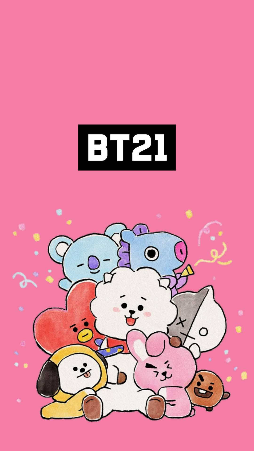 Cooky BT21與朋友擁抱 壁紙 — 一群開心的BT21卡通角色擠在明亮的粉紅色背景上，周圍有五彩紙屑。