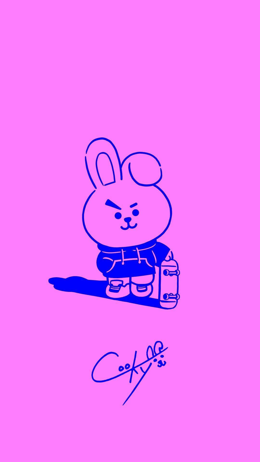 Cooky BT21與滑板 壁紙 — 一隻藍色輪廓的卡通兔仔帶住憤怒嘅表情，揸住一塊滑板，背景係純粉紅色。