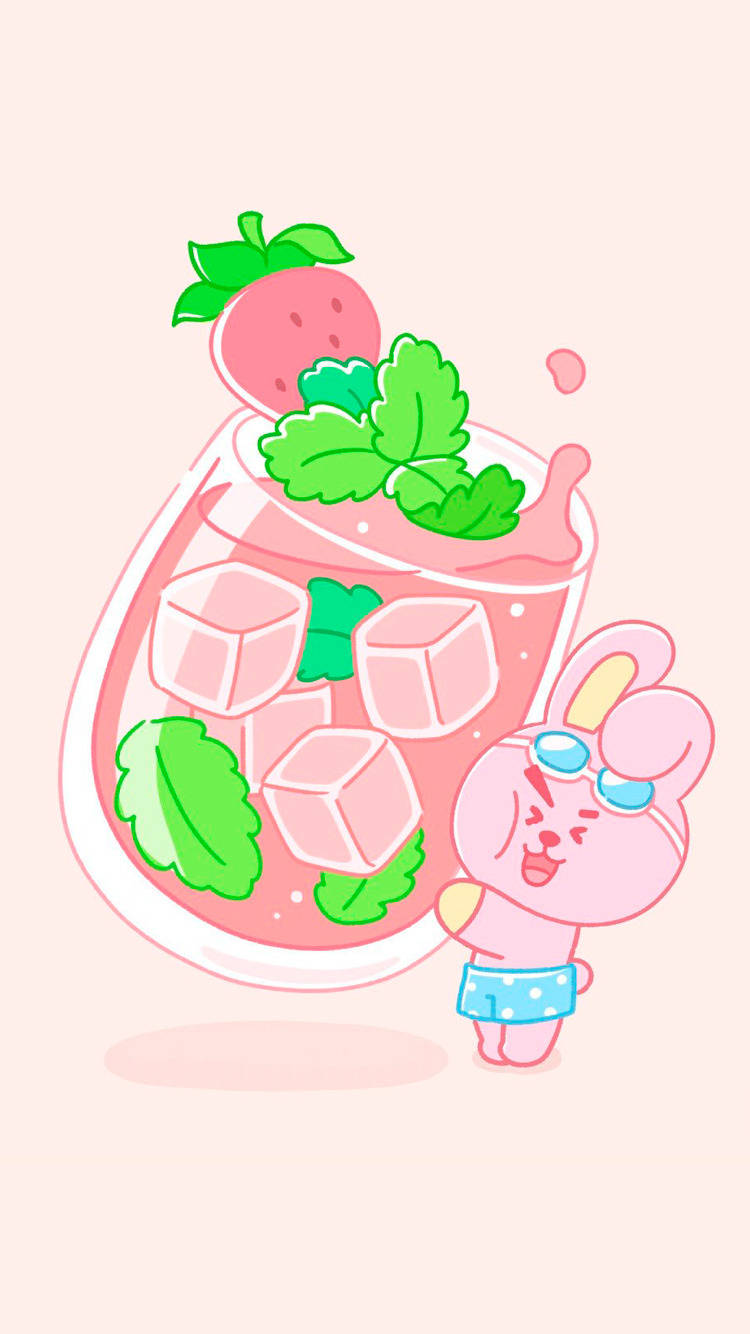 Cooky BT21與草莓 壁紙 — 一隻可愛的粉紅色兔子穿著泳褲和泳鏡，高興地拿著一杯巨大的粉紅色草莓薄荷冰飲。