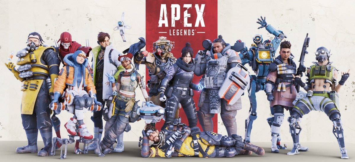 一群身穿戰鬥裝備的Apex Legends電子遊戲角色一起擺姿勢。