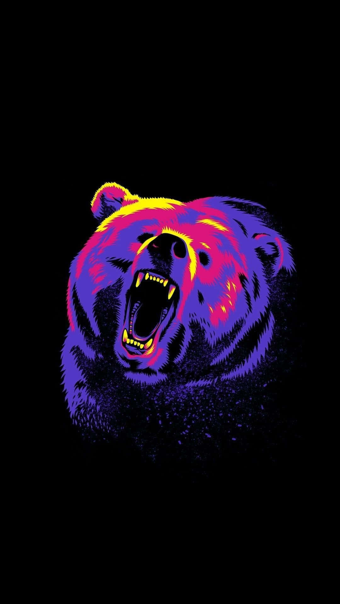 與Cool Bear一起放鬆休閒吧！ 壁紙 — 一個咆哮的熊頭，在黑色背景上發出霓虹紫、粉紅和黃色的光芒。