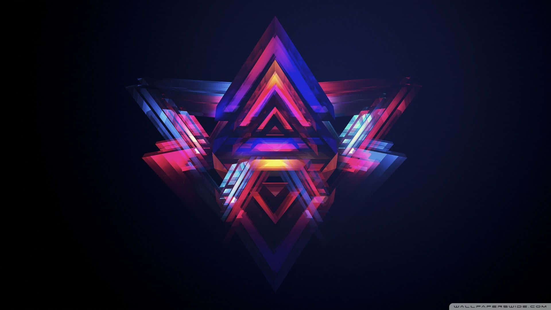 與Cool Computer一起保持時尚 壁紙 — 一個由層疊三角形組成的發光幾何星形，在黑暗背景下散發出霓虹粉紅、紫色和藍色光芒。