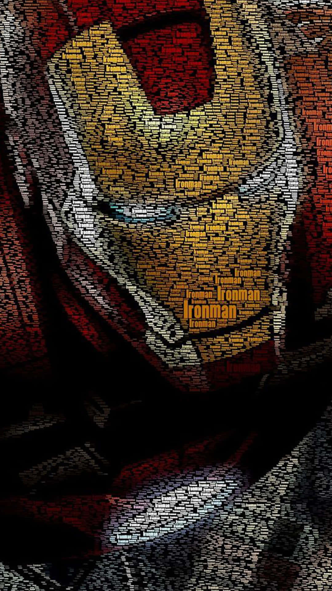 以Cool Iron Man Iphone展現你的個人風格 壁紙 — 鐵甲奇俠的頭盔由重複的「Ironman」文字以金、紅和黑色調組成的馬賽克形成。