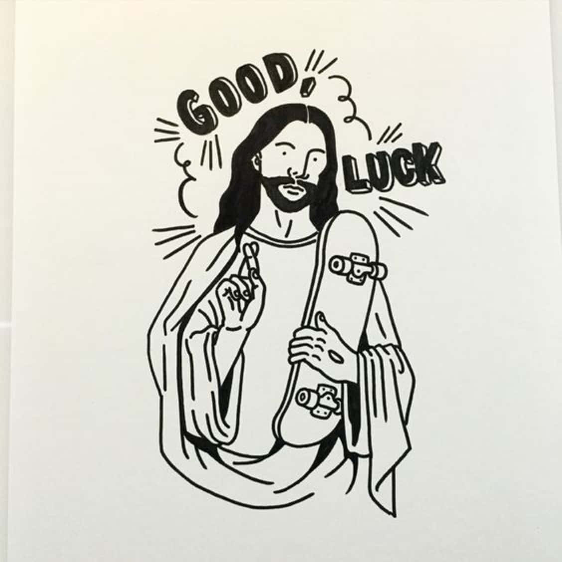 Cool Jesus — 象徵神聖的愛、喜樂與青春 壁紙 — 一幅黑白線條畫，描繪耶穌拿著滑板並做出和平手勢，附有文字「祝你好運」。