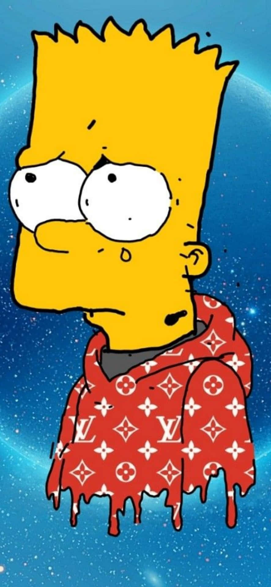 巴特·辛普森穿著滴落的路易威登連帽衫，背景是星光燦爛的太空。